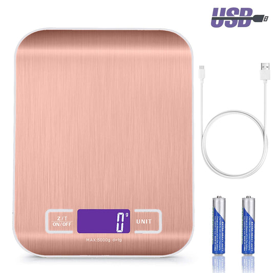 Báscula de Cocina con Carga USB Recargables 5kg / 11 lbs Peso Cocina Digital Balanza Alimentos de Acero inoxidable con Pantalla LCD Función de Tara (rosa)