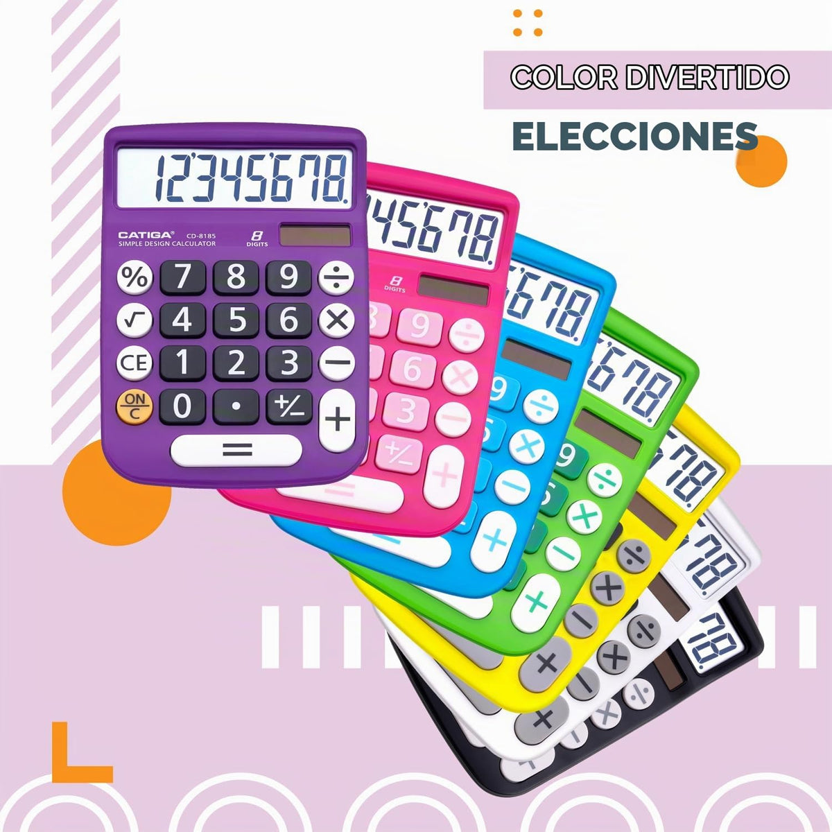 Calculadora CD-8185 Violeta Pantalla LCD Grande y Energía Dual para Oficina, Hogar y Escuela