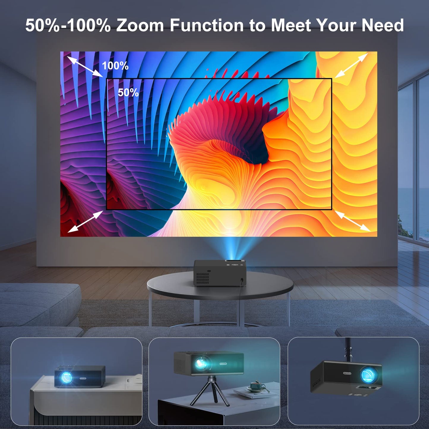 FUDONI Proyector con WiFi 5G y Bluetooth, proyector 1080P 18000L para exteriores con HDMI y USB, función de zoom de visualización máxima de 300 pulgadas para películas y juegos, compatible con TV