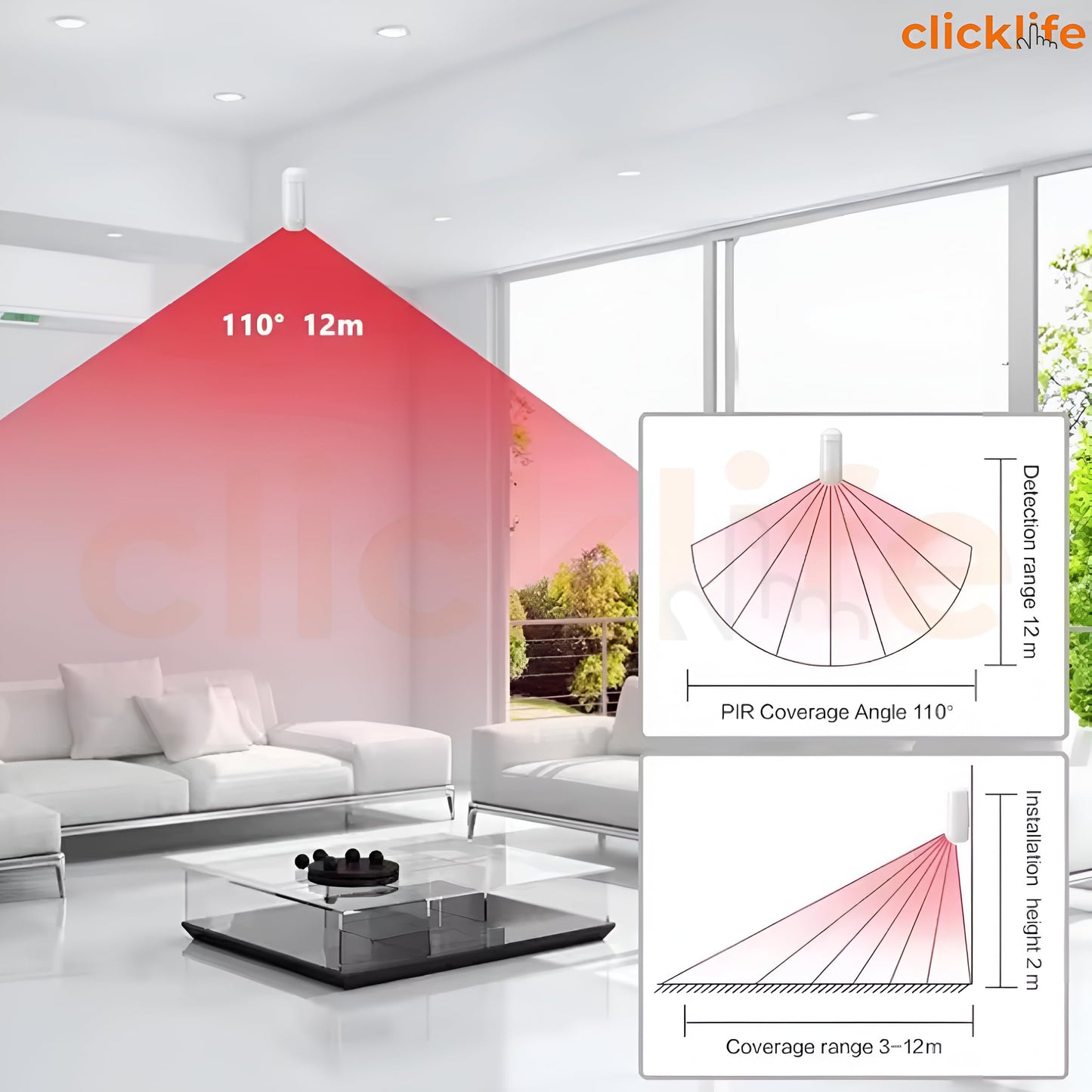 Clicklife Sensor Movimiento Inalámbrico Alarma Frecuencia 433 MHz 2 Piezas | Detección Amplia 110° | Tecnología Infrarroja Día y Noche | Bajo Consumo Energético | Fácil Instalación y Compatible