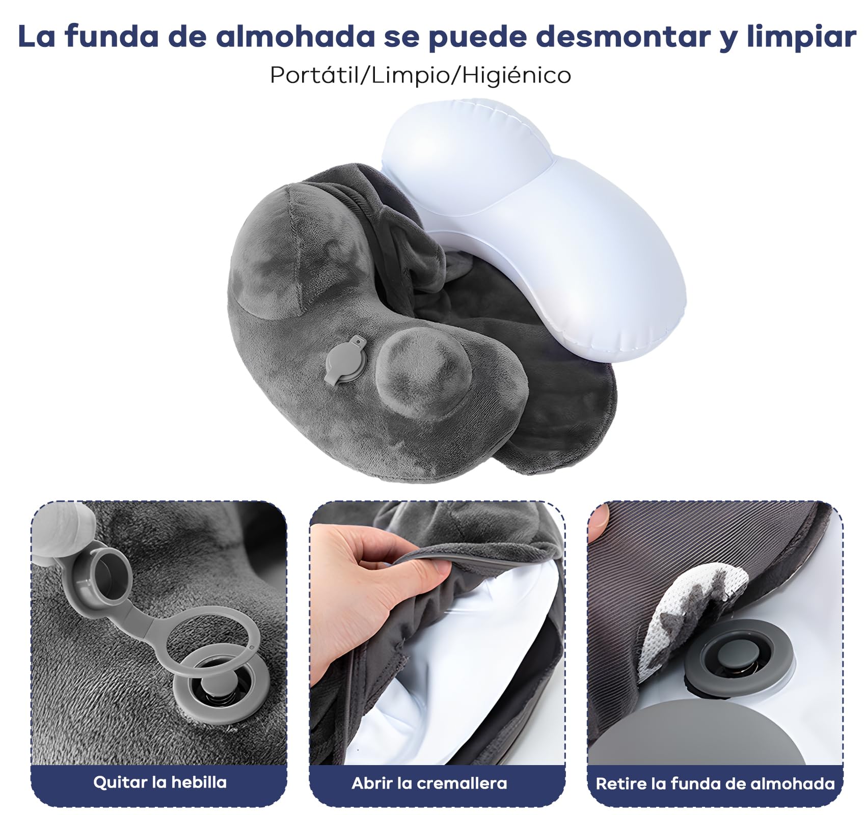 Almohada de Viaje 4 en 1, Almohada de Cuello,Almohada Avion Viaje Inflable con Máscara de Ojos,Tapones para Los Oídos Ruidosos,Bolsa con Cordón, Soporte de Cuello,para Avión,Oficina, Automóviles,Hogar