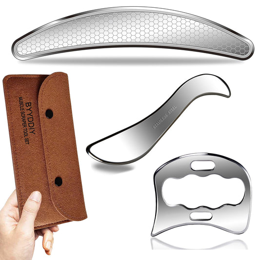 BYYDDIY - Juego de herramientas de raspador muscular de acero inoxidable 3 en 1, herramientas de masaje raspado para terapia física, Derma Edge y GuaSha raspador de masaje, herramientas IASTM,