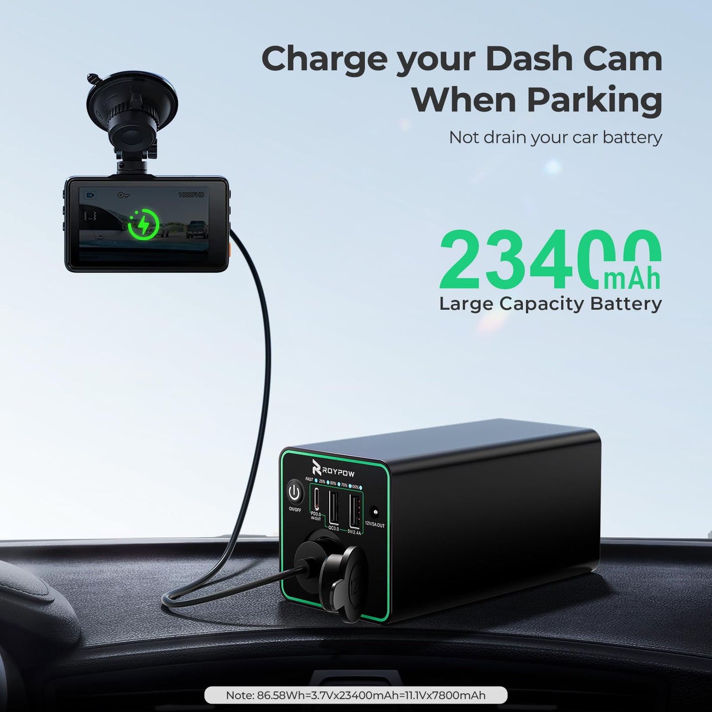 Banco de Energía RoyPow 30 W Negro con Enchufe de Encendedor de Cigarrillos y USB C para Portátil
