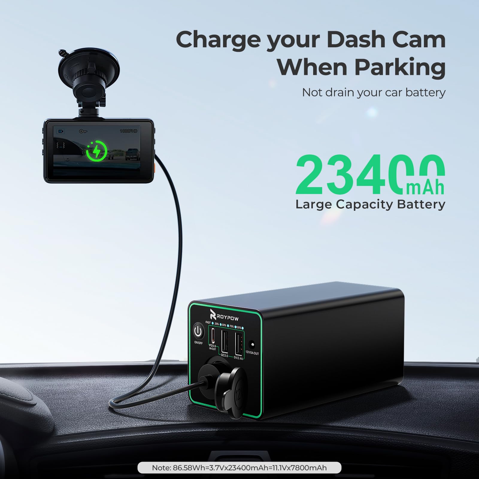 Banco de Energía RoyPow 30 W Negro con Enchufe de Encendedor de Cigarrillos y USB C para Portátil