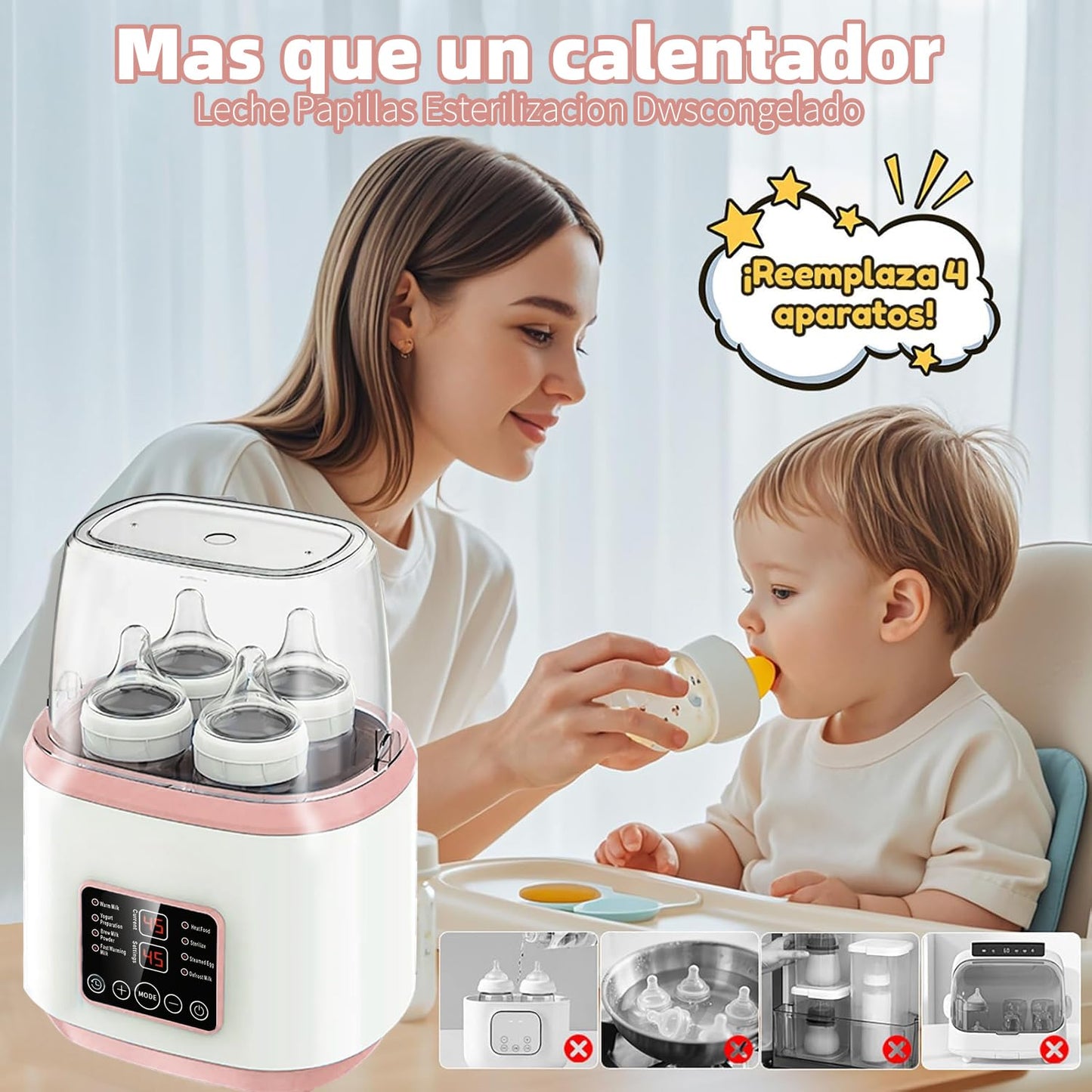 EEBOU Calentador de Biberones Esterilizador Multifuncional 8 en 1 [Modelo Mejorado de 2026], Apto para 4 Biberones, Calentador de Biberones Portatil Modo Constante de 24H, Sin BPA (Rosa)