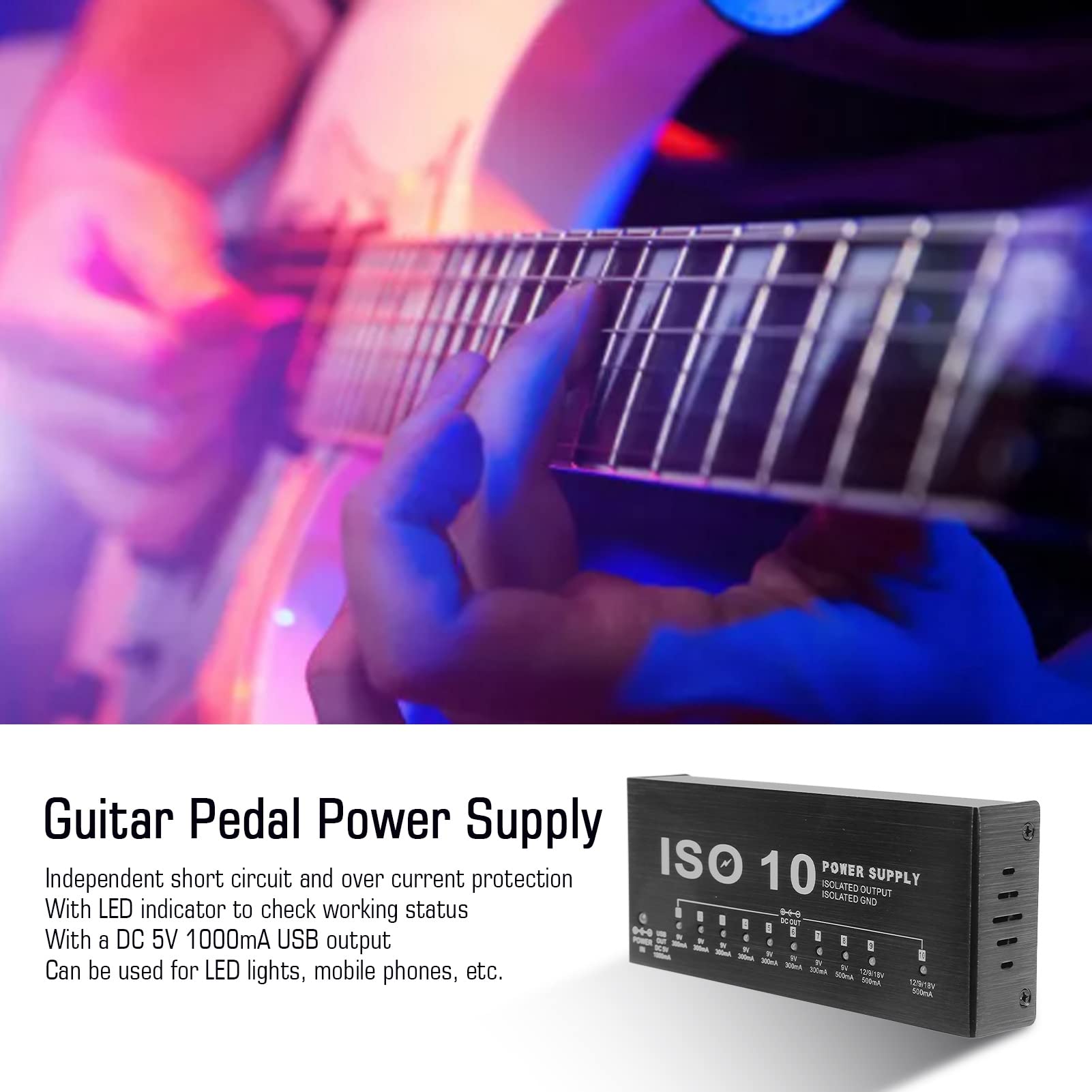 Fuente de Alimentación para Pedal de Guitarra LiebeWH, 10 Pedales de Guitarra de Salida Aislada, Potencia de Pedal de Efecto de Guitarra Múltiple con 2 Voltajes Ajustables(US Plug 100‑240V)
