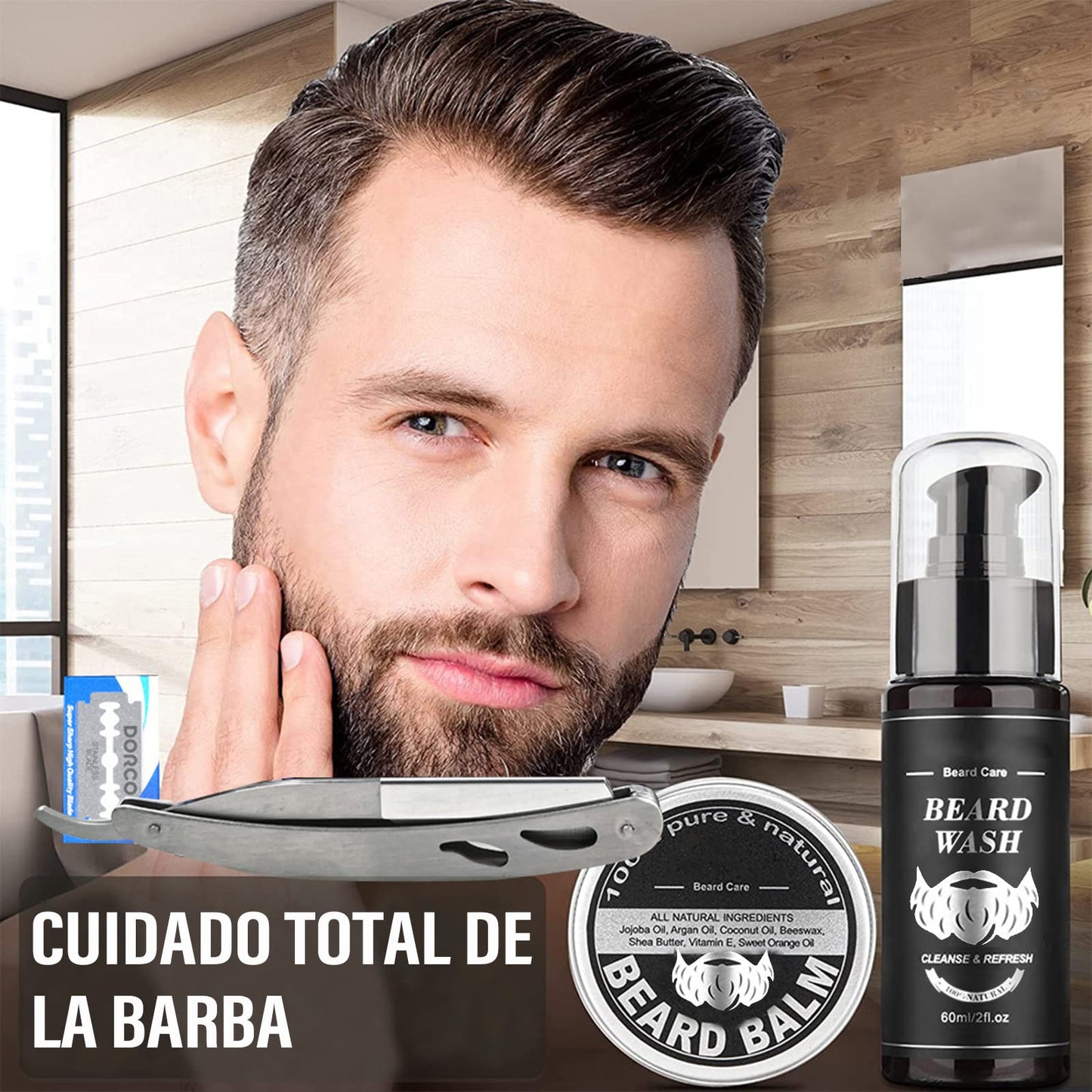 Kit completo de cuidado para barba con crecimiento, accesorios de calidad premium y presentación de lujo - Ideal para regalo para hombres - Incluye aceite, bálsamo, rodillo, shampoo y más - ¡Perfecto para papás!