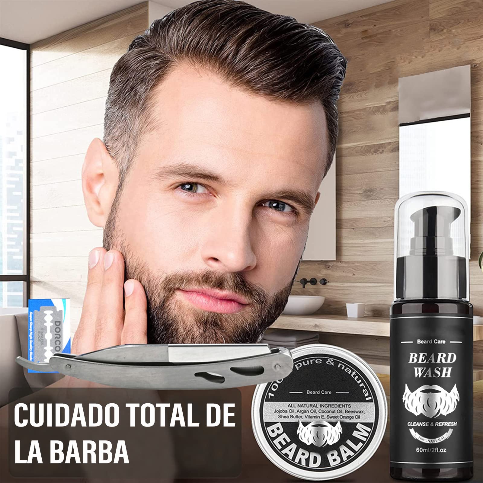 Kit completo de cuidado para barba con crecimiento, accesorios de calidad premium y presentación de lujo - Ideal para regalo para hombres - Incluye aceite, bálsamo, rodillo, shampoo y más - ¡Perfecto para papás!