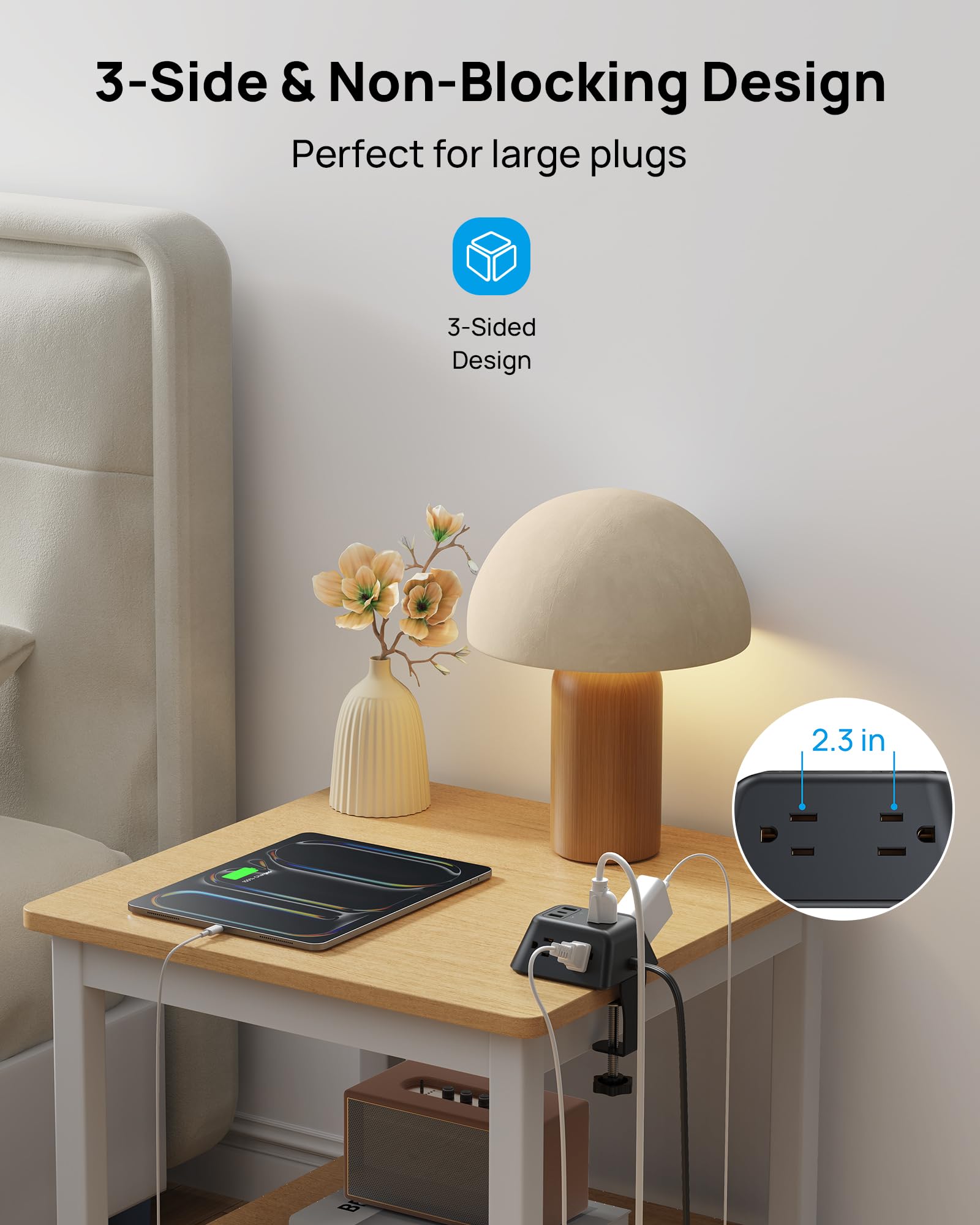 TROND Regleta Multicontacto con Abrazadera 3M, 5 Tomas AC y 3 Puertos USB, Protector de Sobretensión, Montaje en Escritorio, Apto para Mesas de 1.97", Ideal para Hogar, Oficina y Juegos,Negro