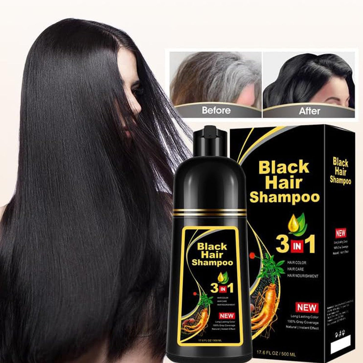 Champú Instant Hair Color para Cabello,hair dye shampoo, Champú Tinte Instantáneo 3 En 1 Fórmula Suave Que contiene Ingredientes Naturales,shampoo tinte, Adecuado Para HombresY mujeres (Negro)