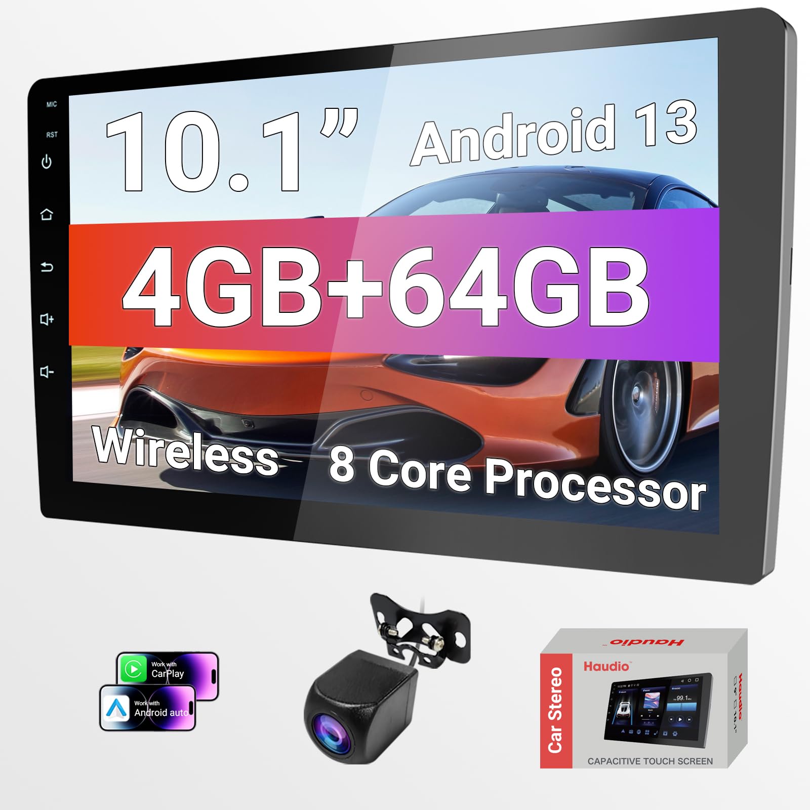 Haudio 10.1 Inch HD Carplay Screen for Car with 720P Touchscreen, Double DIN Car Stereo, 8-Core Processor, Backup Camera, 64GB Storage,GPS Navigation, USB Ports, Quick Reverse
