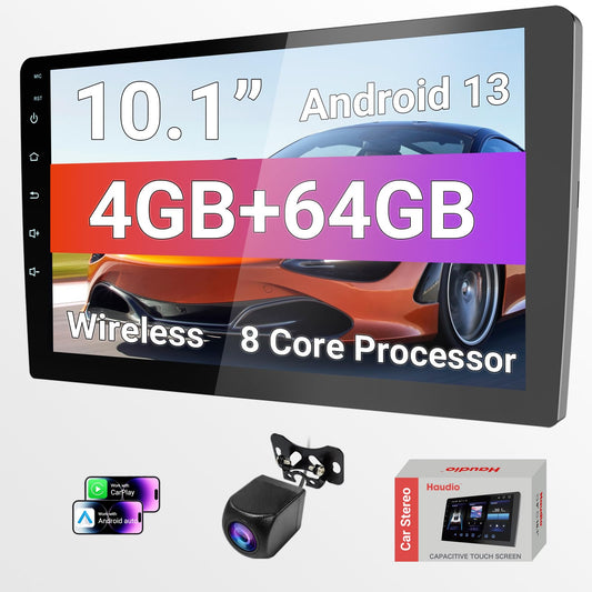 Haudio 10.1 Inch HD Carplay Screen for Car with 720P Touchscreen, Double DIN Car Stereo, 8-Core Processor, Backup Camera, 64GB Storage,GPS Navigation, USB Ports, Quick Reverse