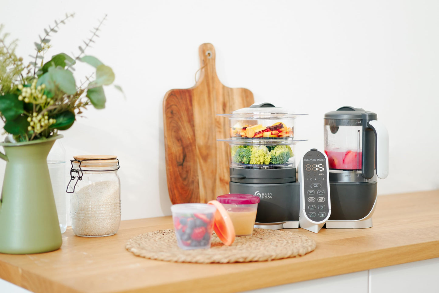 Babymoov Duo Meal 6 en 1: Procesador de Alimentos para Bebés con Vaporizador y Licuadora de Velocidades Múltiples, Calienta y Descongela (Aprobado por Nutricionistas), Gris