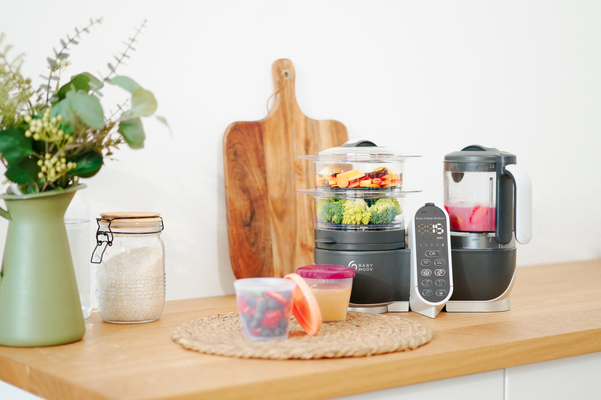 Babymoov Duo Meal 6 en 1: Procesador de Alimentos para Bebés con Vaporizador y Licuadora de Velocidades Múltiples, Calienta y Descongela (Aprobado por Nutricionistas), Gris