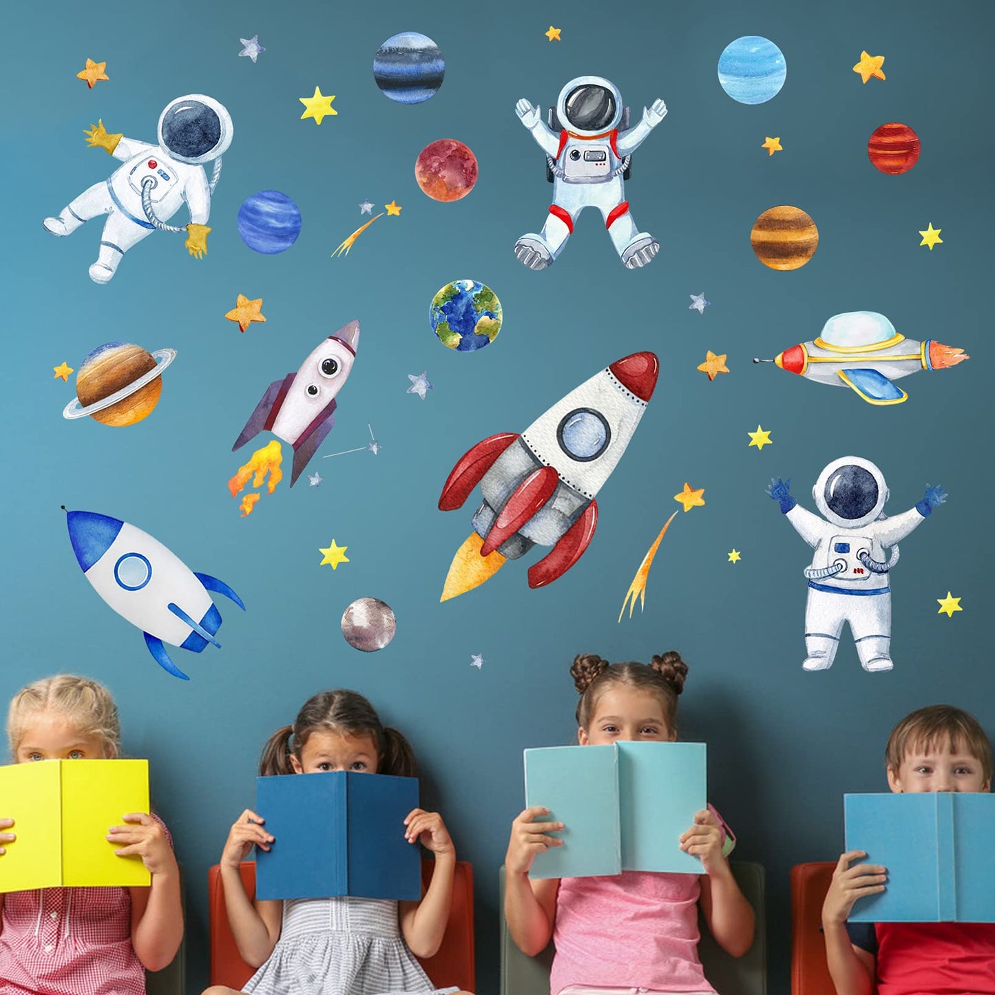 Yovkky Space Astronauta - Calcomanía de pared para naves espaciales, sistema solar galaxia, planeta, despegar, pegatina de acuarela, cohete, cosmonauta, astronave espacial, estrella, decoración del