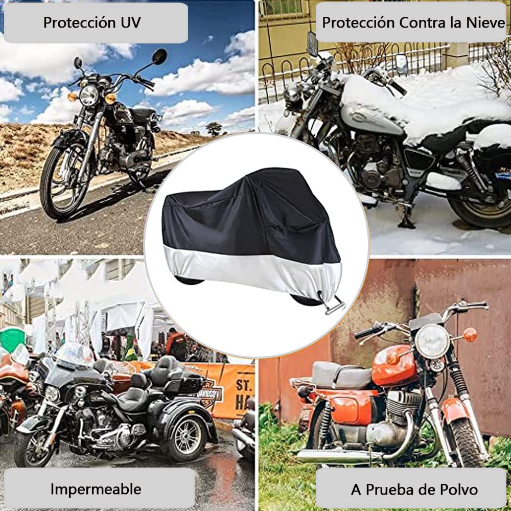 Herpet Funda para Motocicleta Cubierta de Moto Impermeable - Tejido de Poliéster Recubierto 190T, Impermeable A Prueba de UV Agua Lluvia Polvo Viento Nieve 230 x 95 x 125 CM (XL, Negro y Plata)