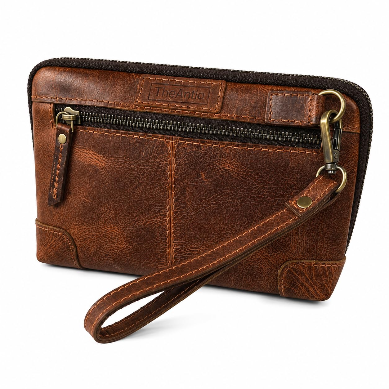 TheAntiq Bolsa de maquillaje de piel auténtica, organizador de viaje, color café