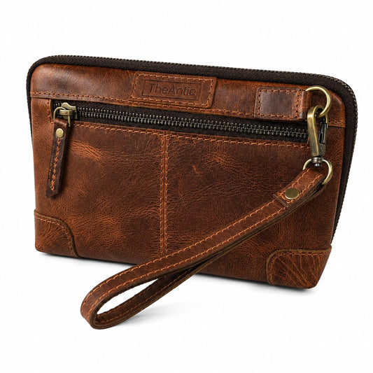 TheAntiq Bolsa de maquillaje de piel auténtica, organizador de viaje, color café