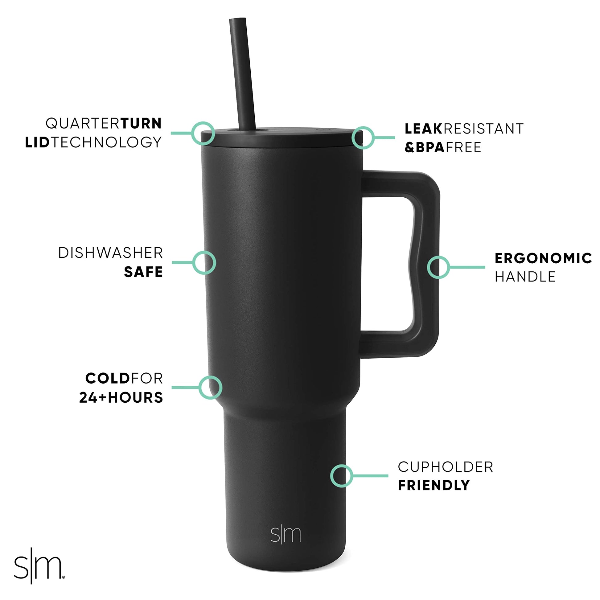 Vaso Térmico Simple Modern Midnight Black con Asa y Pajita 40 oz 1180ml Aislado Acero Inoxidable