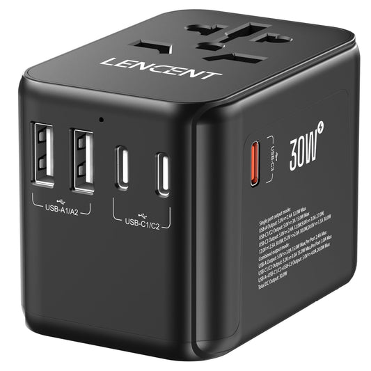 LENCENT Adaptador Universal de Viaje, Cargador Universal con 2 Puertos USB y 3 USB-C Carga Rápida PD 30W, Adaptador Internacional Enchufe Tipo A/C/G/I para USA, Reino Unido, Europa, Australia, Negro