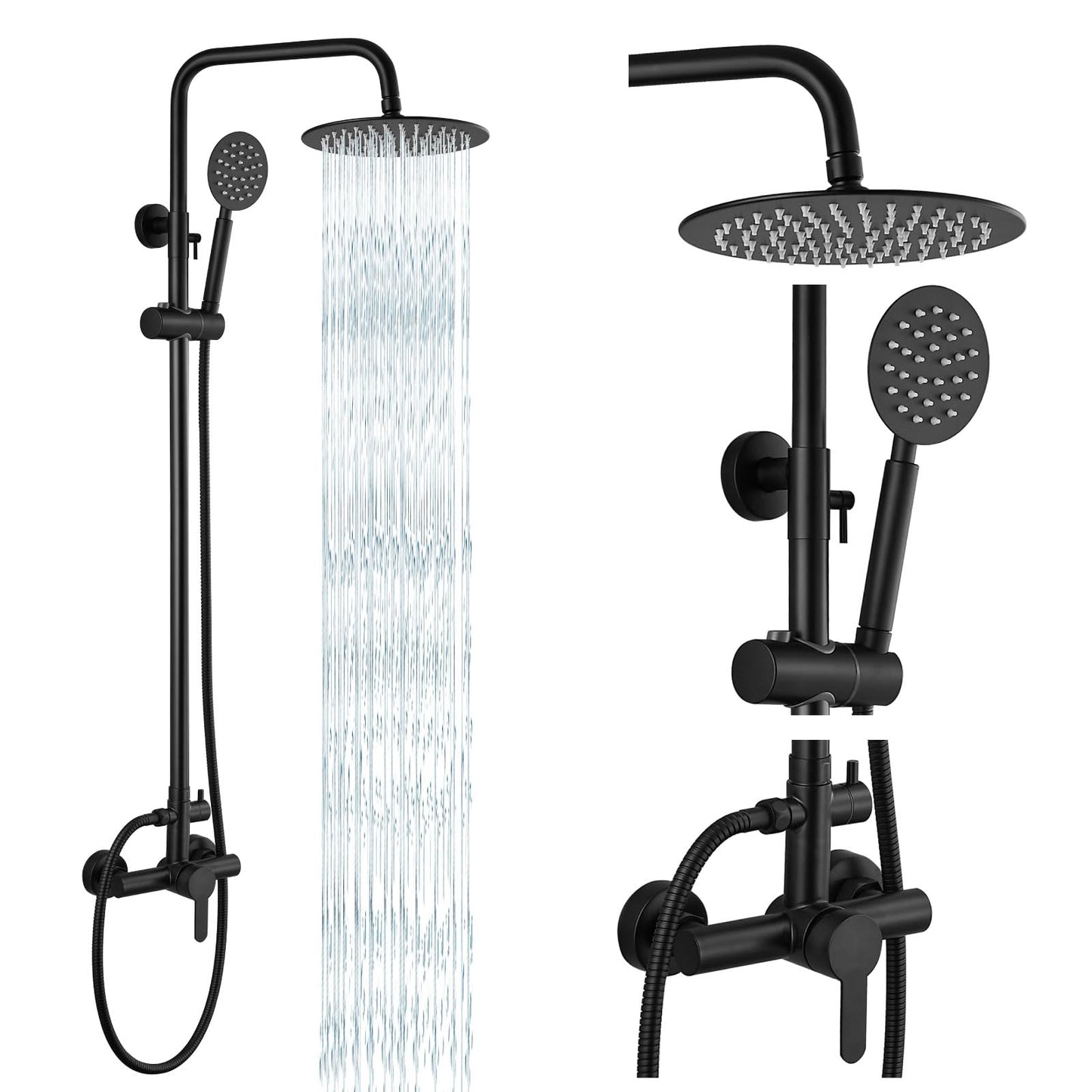 gotonovo SUS304 - Juego de accesorios de ducha para exteriores, sistema de ducha de lluvia de alta presión, montaje en pared, 2 cabezales de ducha de doble función de 8 pulgadas y rociador de mano