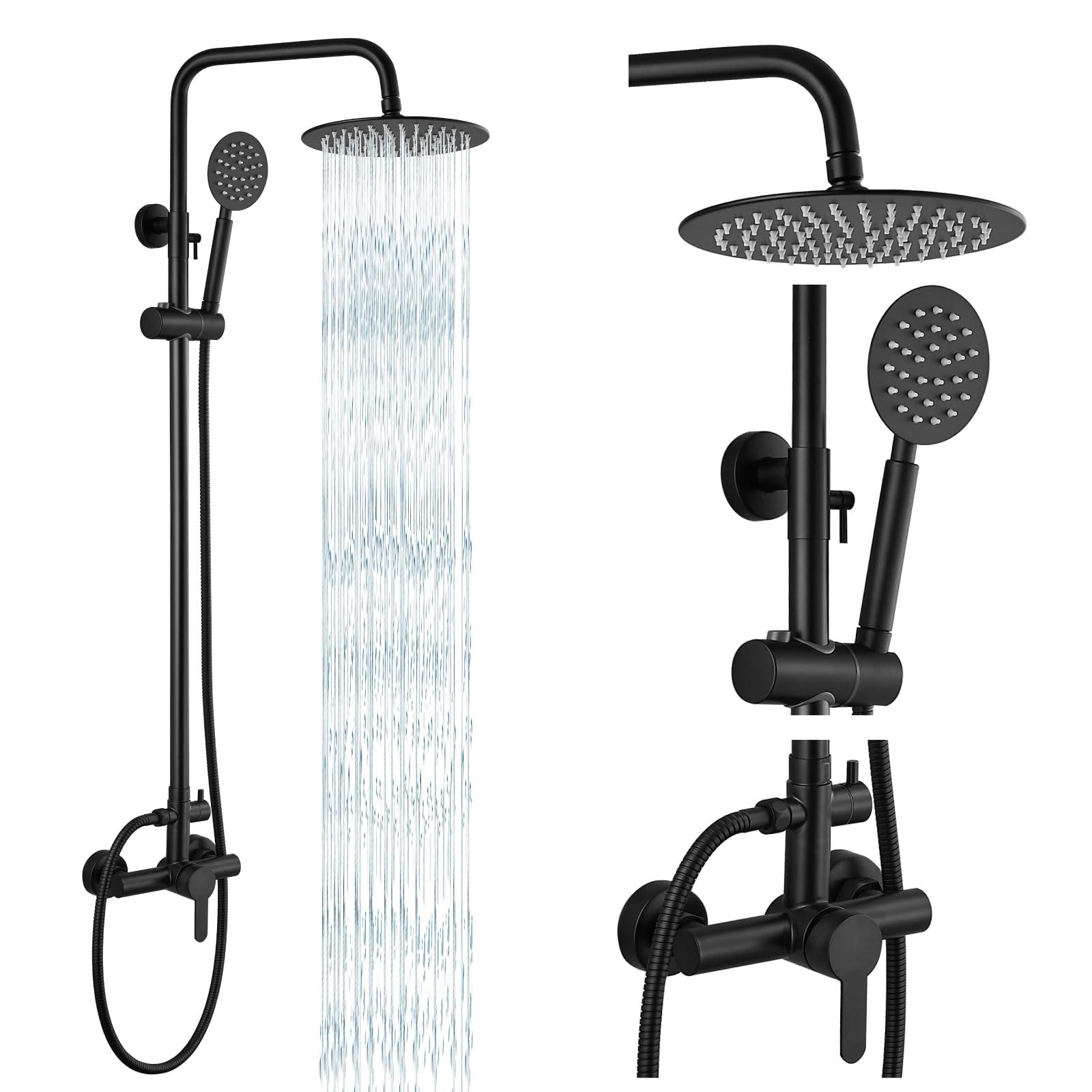 gotonovo SUS304 - Juego de accesorios de ducha para exteriores, sistema de ducha de lluvia de alta presión, montaje en pared, 2 cabezales de ducha de doble función de 8 pulgadas y rociador de mano