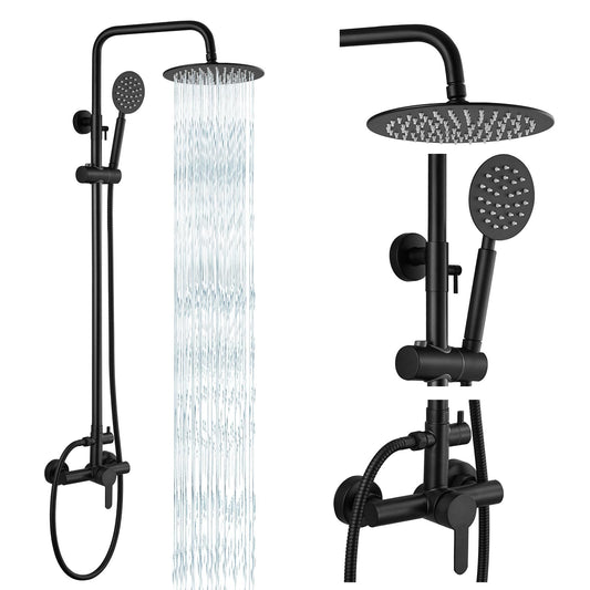 gotonovo SUS304 - Juego de accesorios de ducha para exteriores, sistema de ducha de lluvia de alta presión, montaje en pared, 2 cabezales de ducha de doble función de 8 pulgadas y rociador de mano