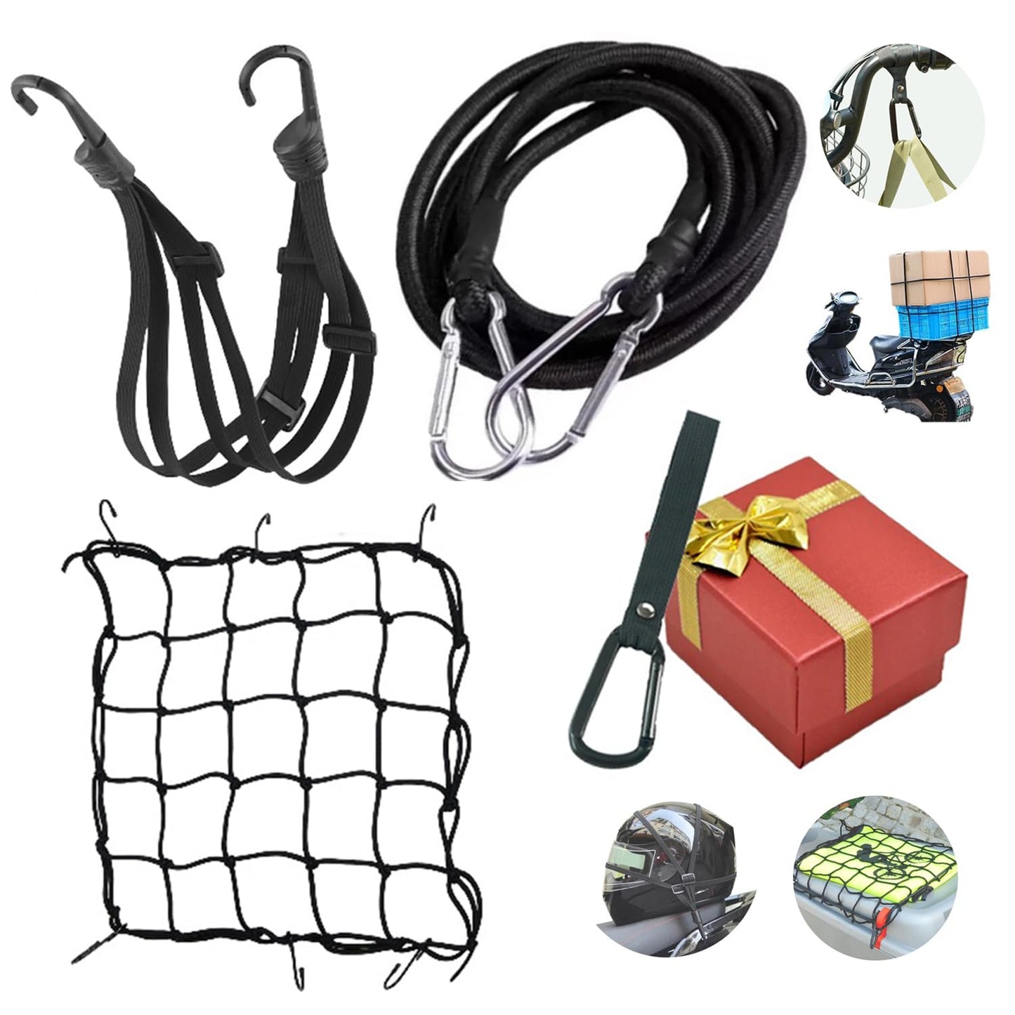 lozafot Redes Malla Moto Sujetar Casco Portabulto Cuerda Gancho,Cuerda para Sujetar Equipaje En Moto, 4 Piezas Cuerdas elásticas elásticas + Gancho pequeño