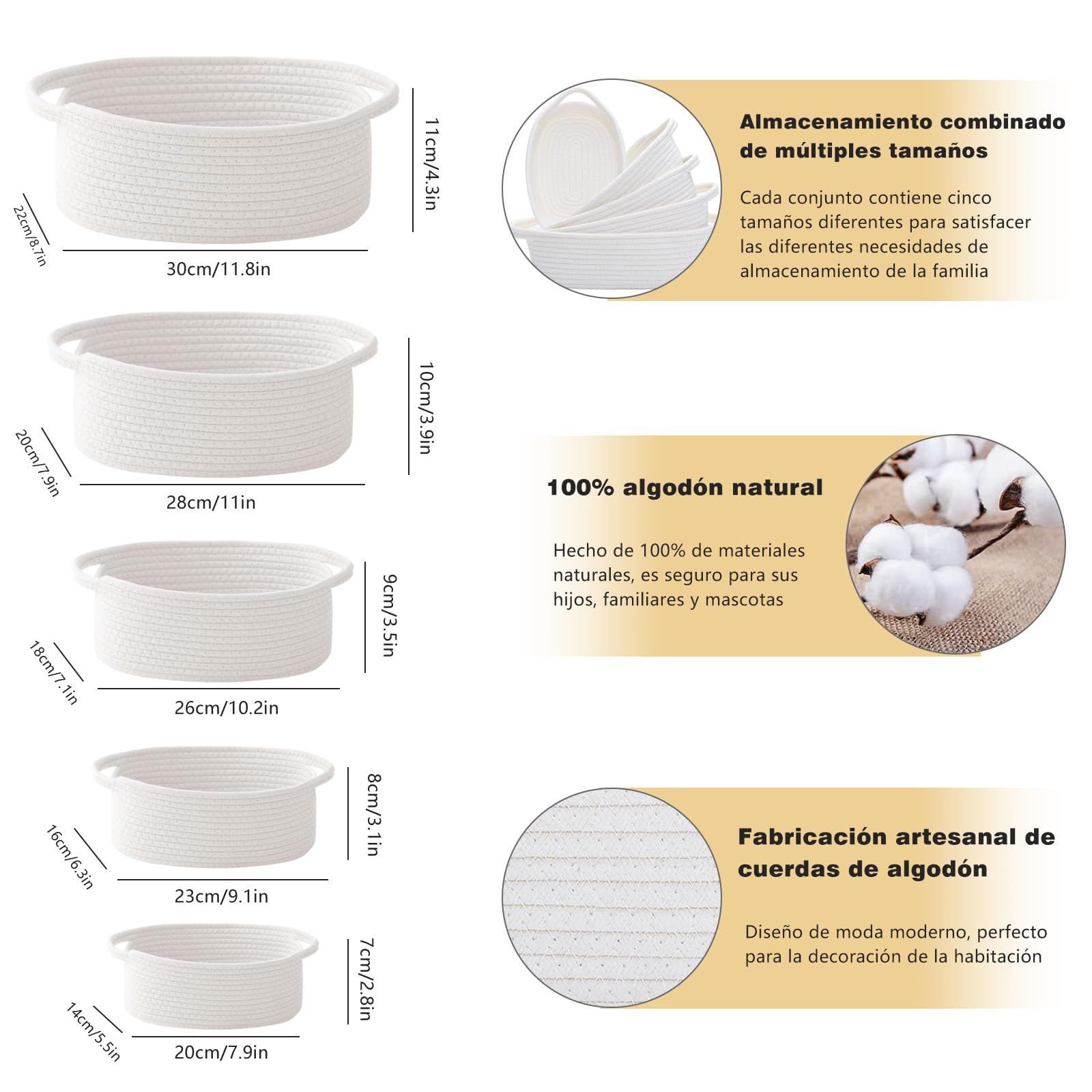 NUIO 5 Piezas Canastas Organizadoras Rectangulares de Algodón Natural con Asas, Caja Cestas de Almacenamiento,Ideal para Baño, Juguetes Infantiles, Clóset, Maquillaje y Organización del Baño (blanco)