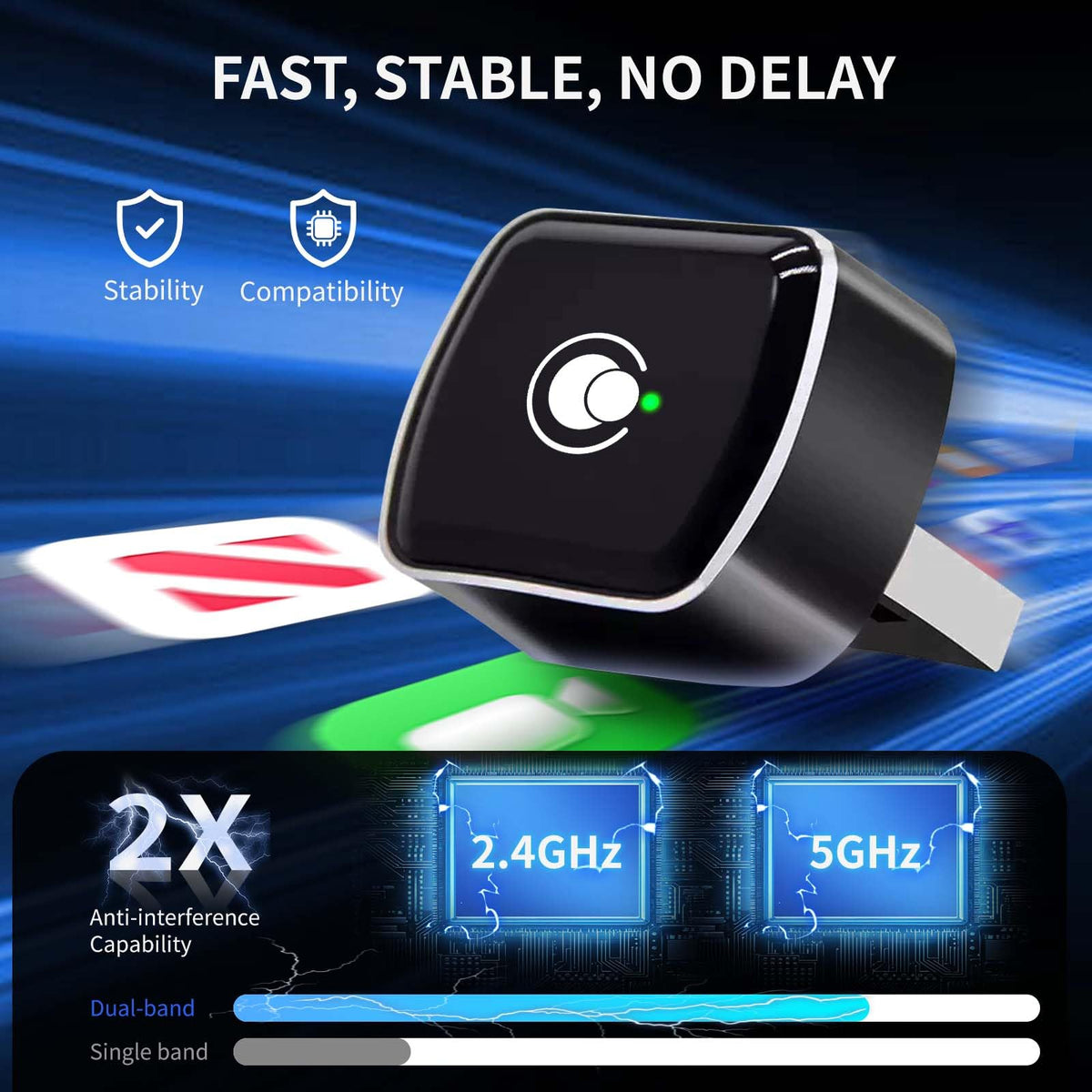 Adaptador Inalámbrico Exión Rápida a 5.8 GHz para iPhone y Android con Puerto USB y USB C