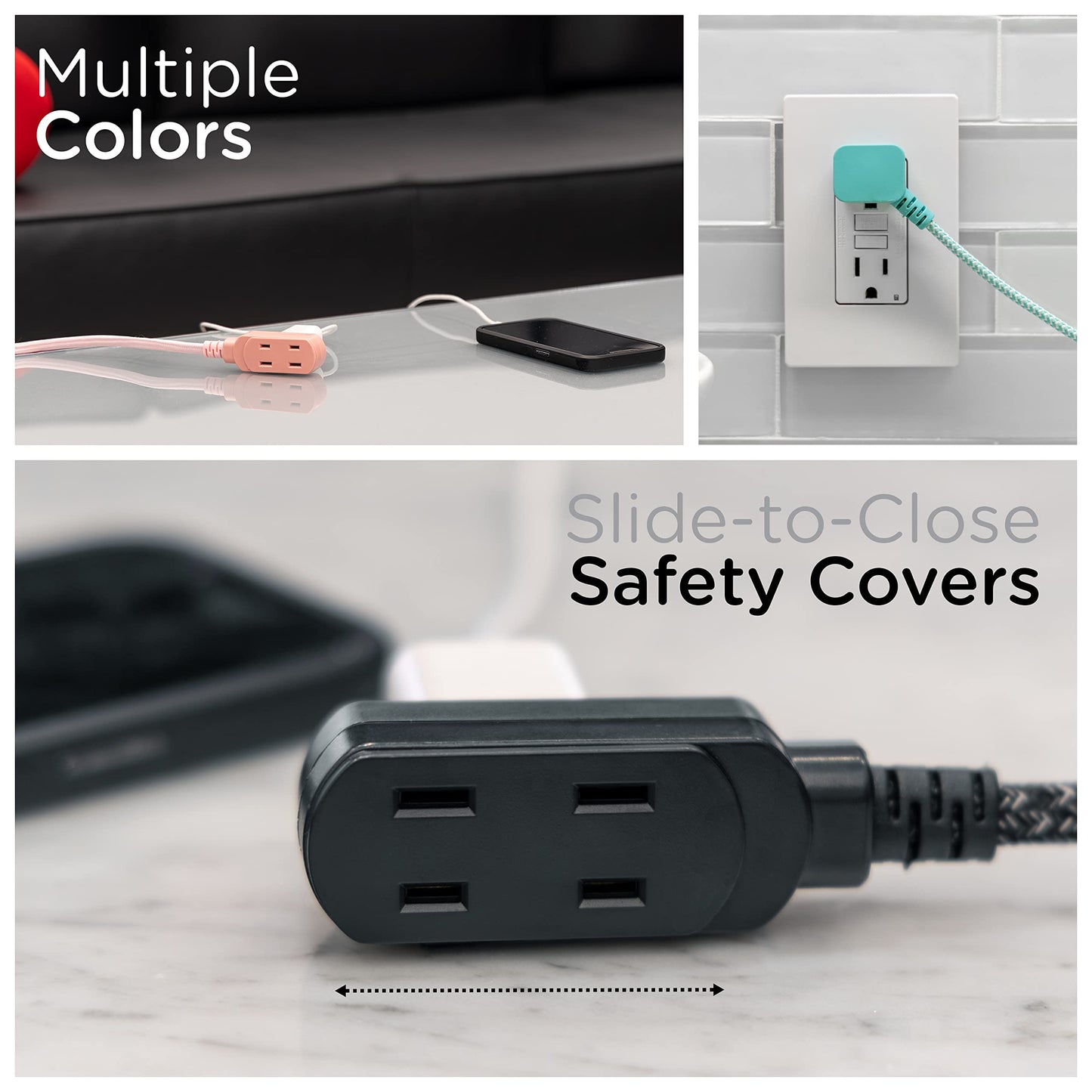 Cordinate Designer, Extension Electrica de 3 salidas polarizadas, Cable Trenzado de 2.4 m (8 pies), Sistema de Seguridad para Trabar, Enchufe Plano, Certificacion ETL, Negro/Gris, 1 paquete, 42841-T1