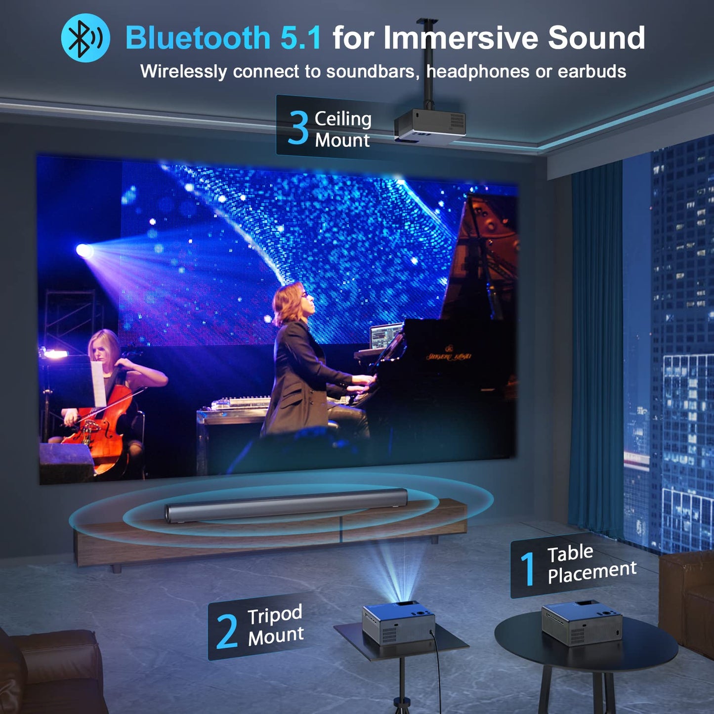FUDONI Proyector con WiFi 5G y Bluetooth, proyector 1080P 18000L para exteriores con HDMI y USB, función de zoom de visualización máxima de 300 pulgadas para películas y juegos, compatible con TV