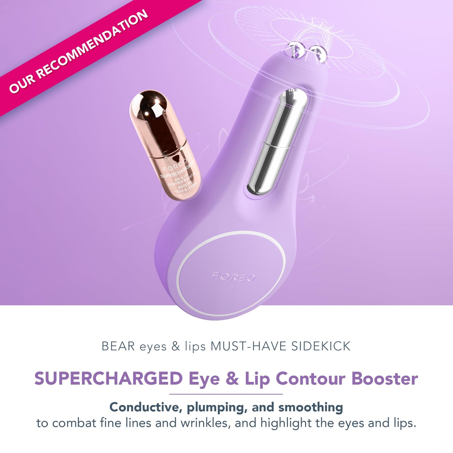 FOREO BEAR 2 Eyes & Lips - Masajeador facial reafirmante microcorrientes - Aparato radiofrecuencia facial - Masajeador ojos antiojeras - Tratamiento arrugas - Lavander