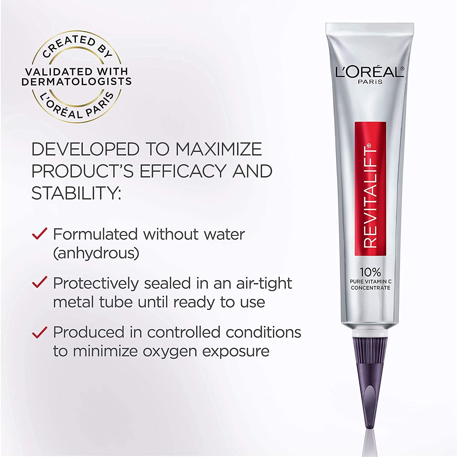 Suero de vitamina C de L'Oreal Paris, Revitalift Derm Intensives Pure Vitamin C para piel radiante y más brillante, tono de piel uniforme y arrugas visiblemente reducidas, sin parabenos, no comedógeno