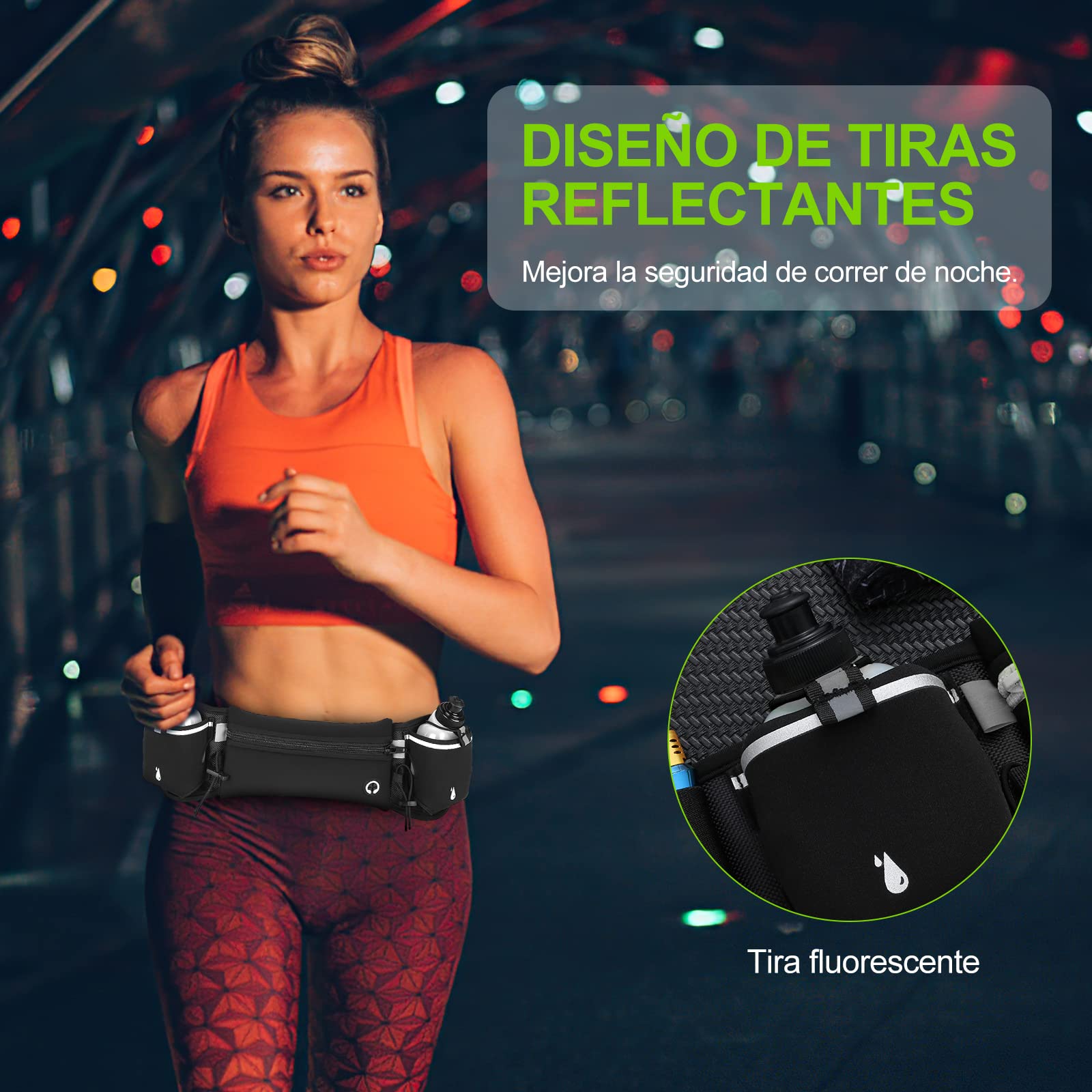 Cangurera Deportiva,HONGHCL Riñonera Deportiva con 2 Botellas de Agua,Cangurera Deportiva para Correr,Bolsa Deportiva con Cinturón Regulable,Bolsillos de Auricular y Teléfono(Negro)