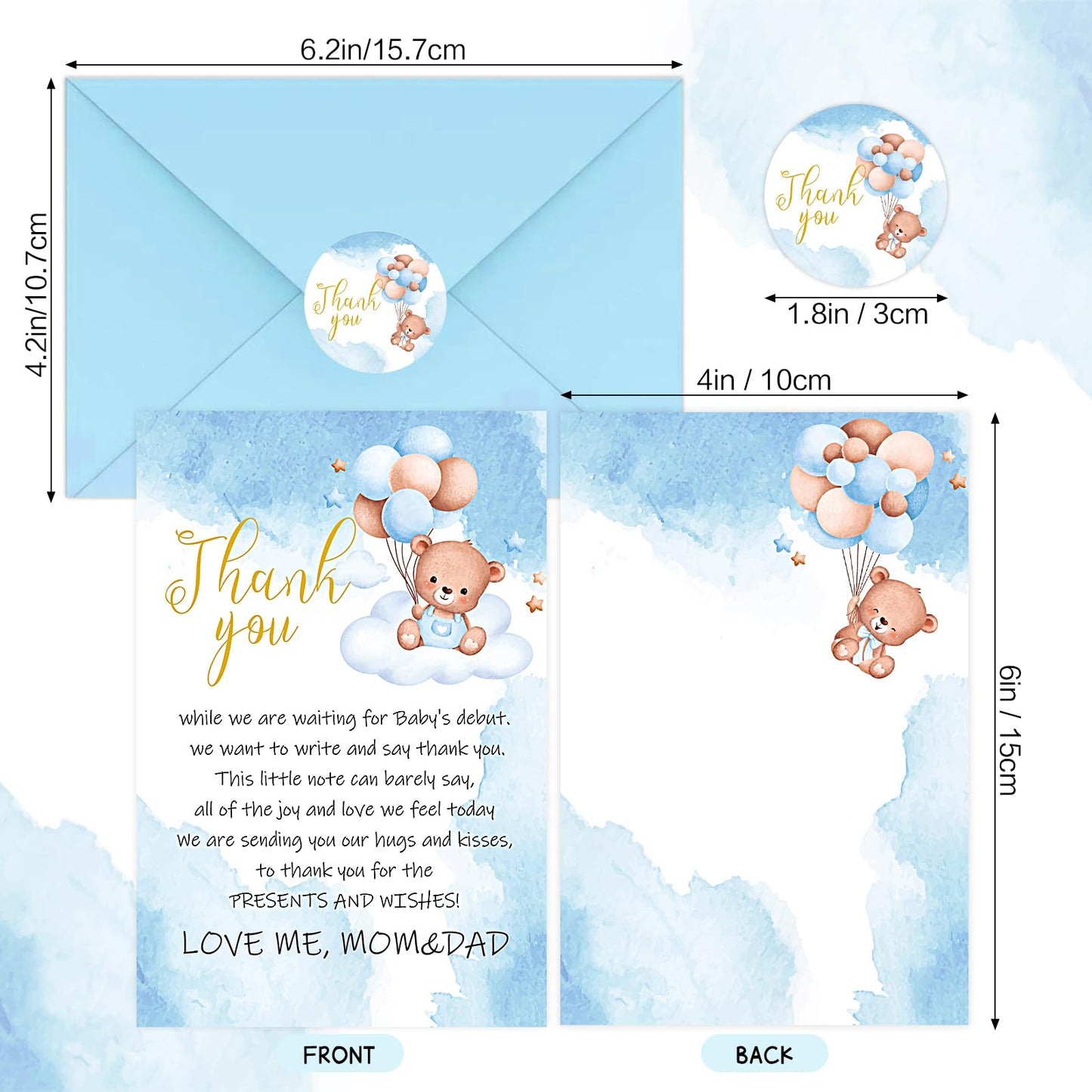 BYBOUS - Paquete de 50 tarjetas de agradecimiento para baby shower, color azul