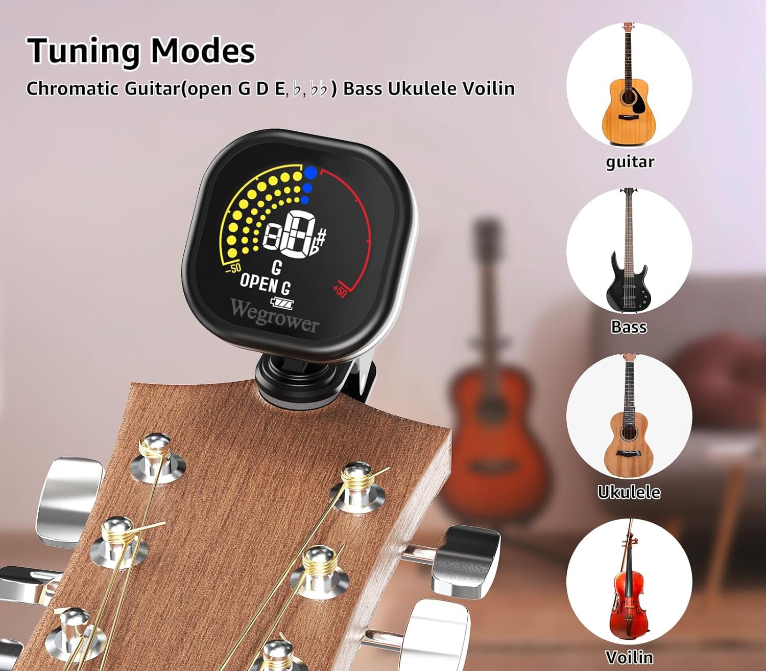 Afinador de guitarra recargable, afinador de clip con visualización LCD a color con guitarra, ukelelele, violín y modos de afinación cromática para todos los instrumentos de cuerda