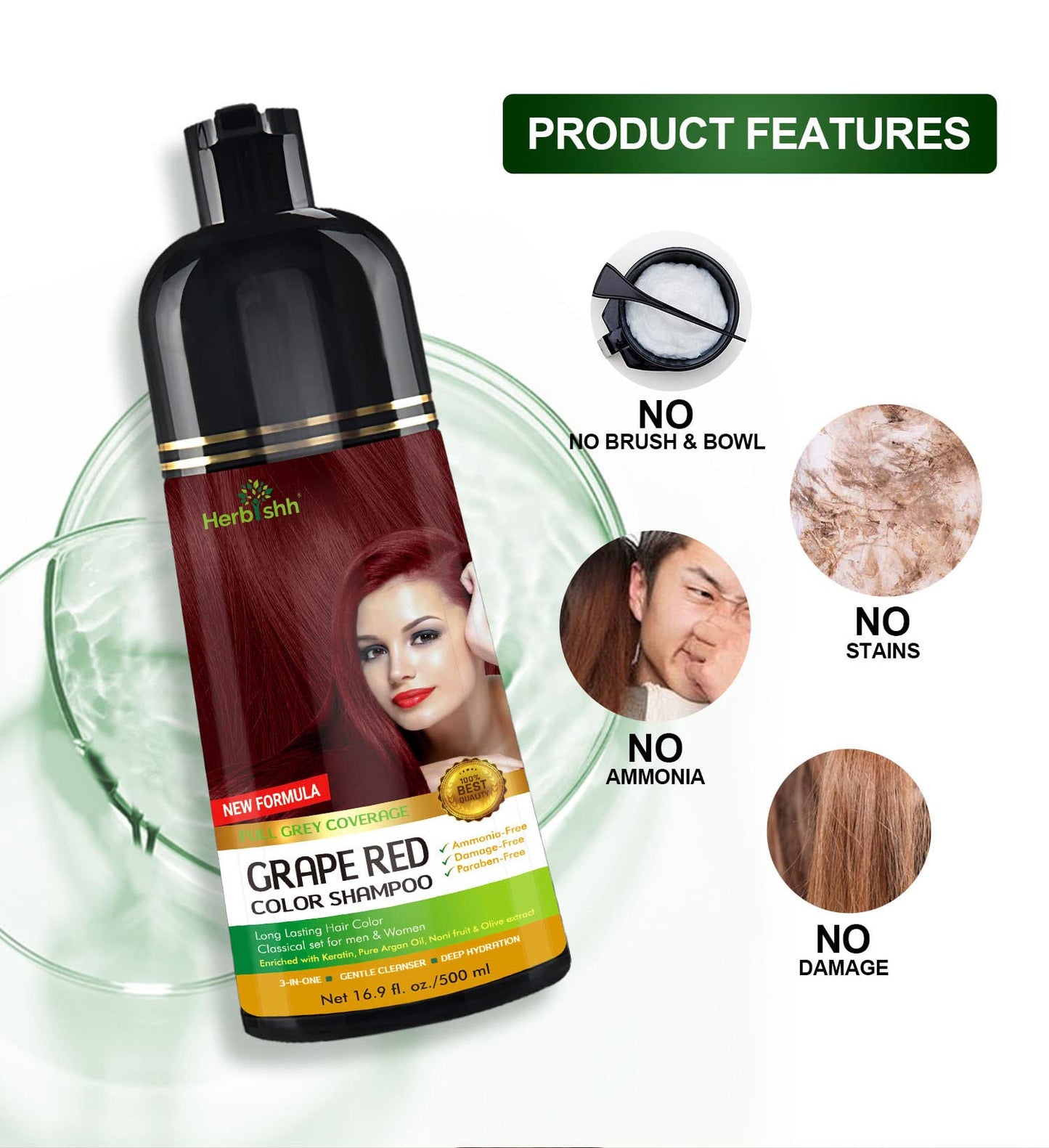 Herbishh - Champú colorante para cabello gris, champú con tinte natural para el cabello, colorea el cabello en minutos