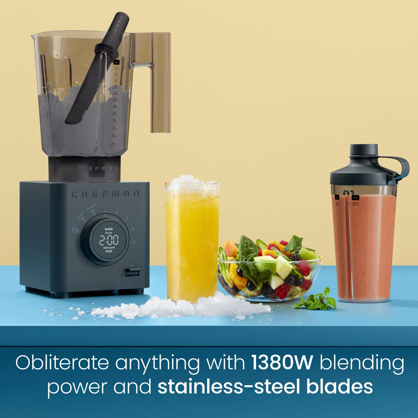 Chefman Obliterator - Licuadora de encimera de 40 onzas para batidos, motor de 1380 W para aplastar hielo, nueces y frutas congeladas con hoja de acero inoxidable, función de mezcla automática,