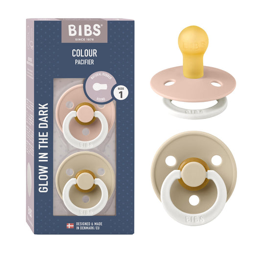 BIBS Chupones Boheme Pack de 2, Brillan en la oscuridad, Tetina redonda de látex natural, Talle 1, Color Blush GLOW/Vanilla GLOW, 0 a 6 meses, Hecho en Dinamarca