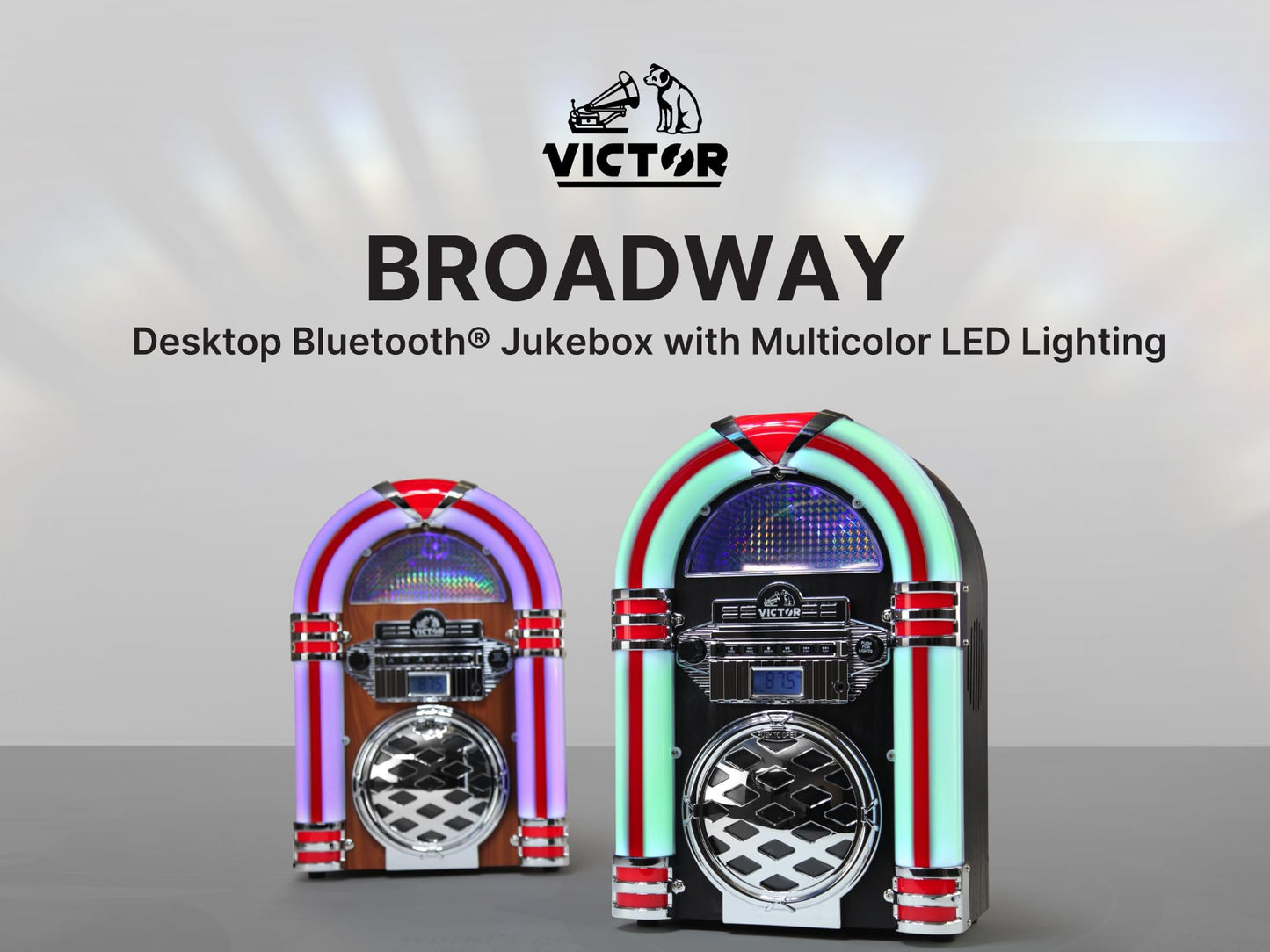 VICTOR VDTJ-1550 Broadway - Altavoz Bluetooth para computadora con Radio FM, iluminación LED Multicolor y Entrada Auxiliar, Perfecto para transmisión de música de Estilo Retro e iluminación Ambiental