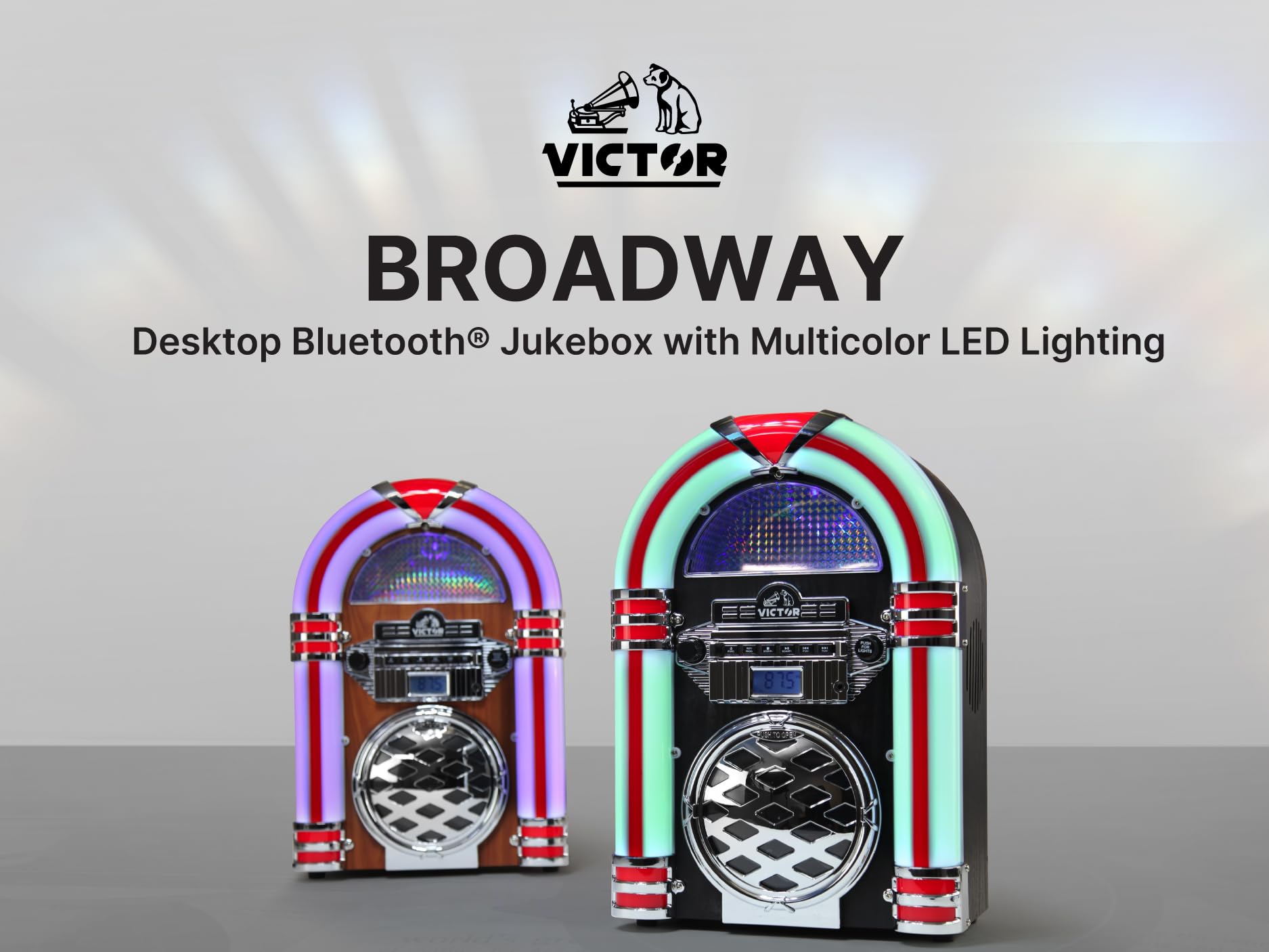 VICTOR VDTJ-1550 Broadway - Altavoz Bluetooth para computadora con Radio FM, iluminación LED Multicolor y Entrada Auxiliar, Perfecto para transmisión de música de Estilo Retro e iluminación Ambiental