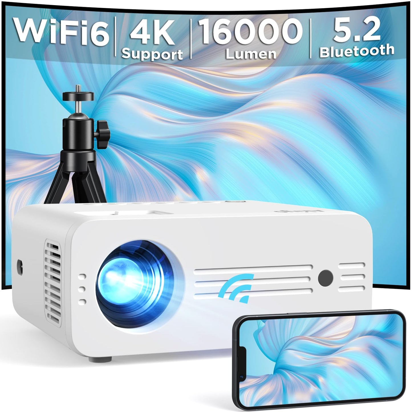 AKIYO Proyector 5G WiFi Bluetooth, 13000 Lux Proyector con Tripode, Proyector 4K de película de con 150000 Horas,1080P Nativo Mini Proyector Casa para iOS/Android/PC/TV Stick/HDMI/AV/USB/PS5