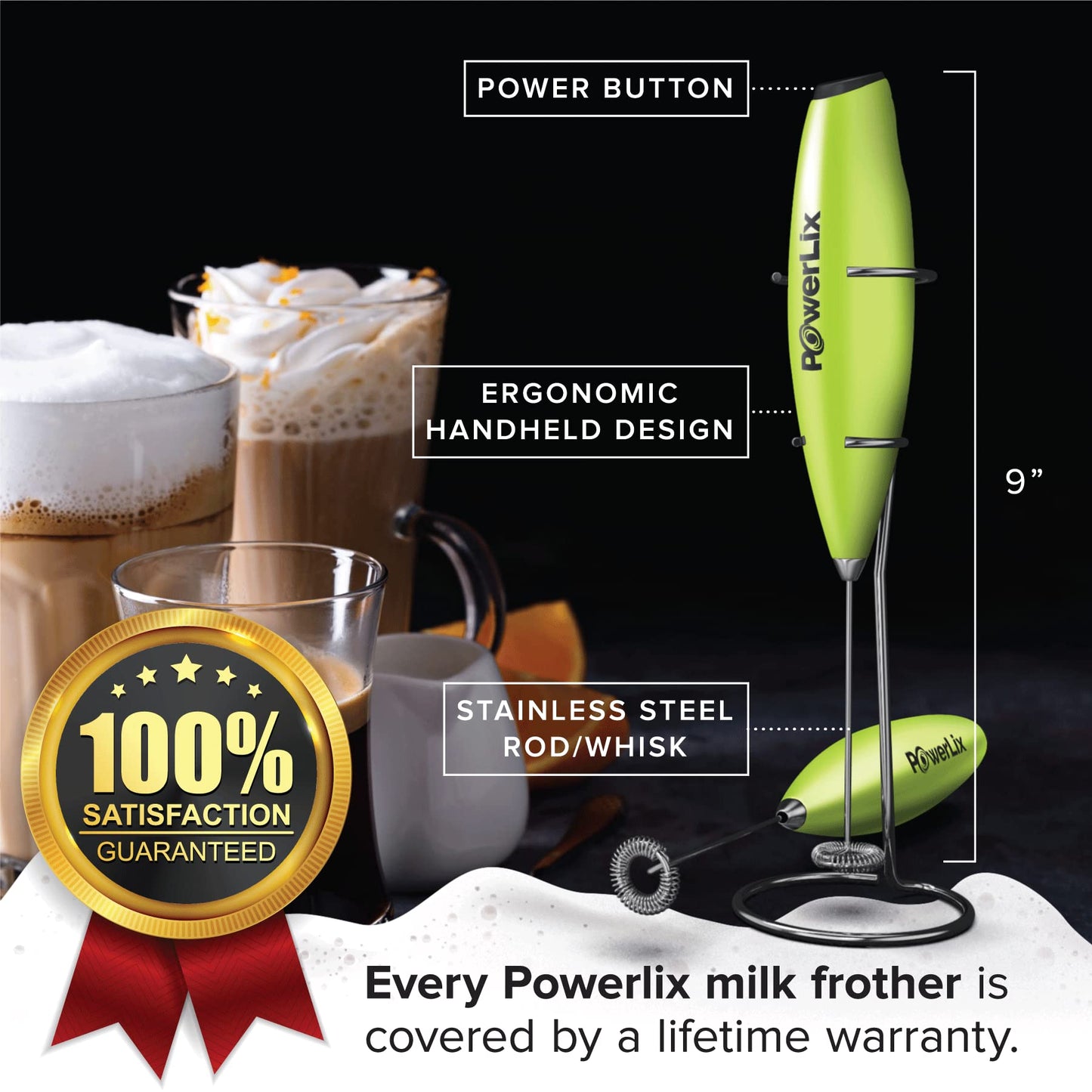 Espumador de Leche PowerLix Negro con Batidor y Soporte Duradero para Café y Chocolate