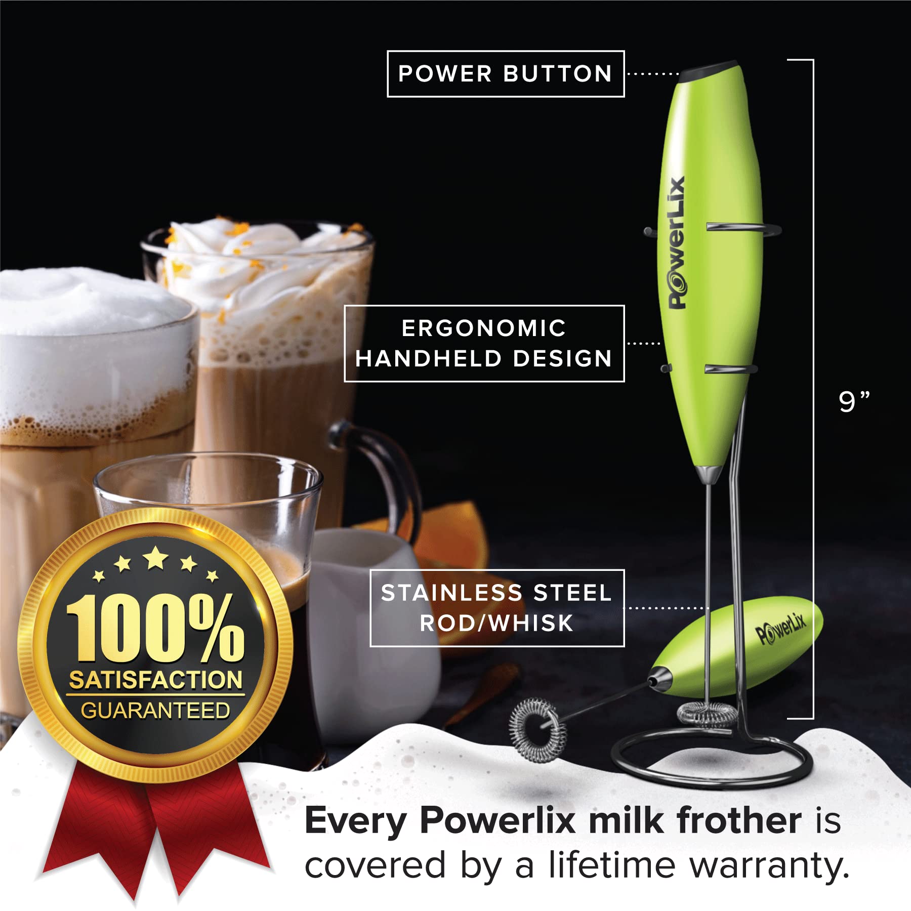 Espumador de Leche PowerLix Negro con Batidor y Soporte Duradero para Café y Chocolate
