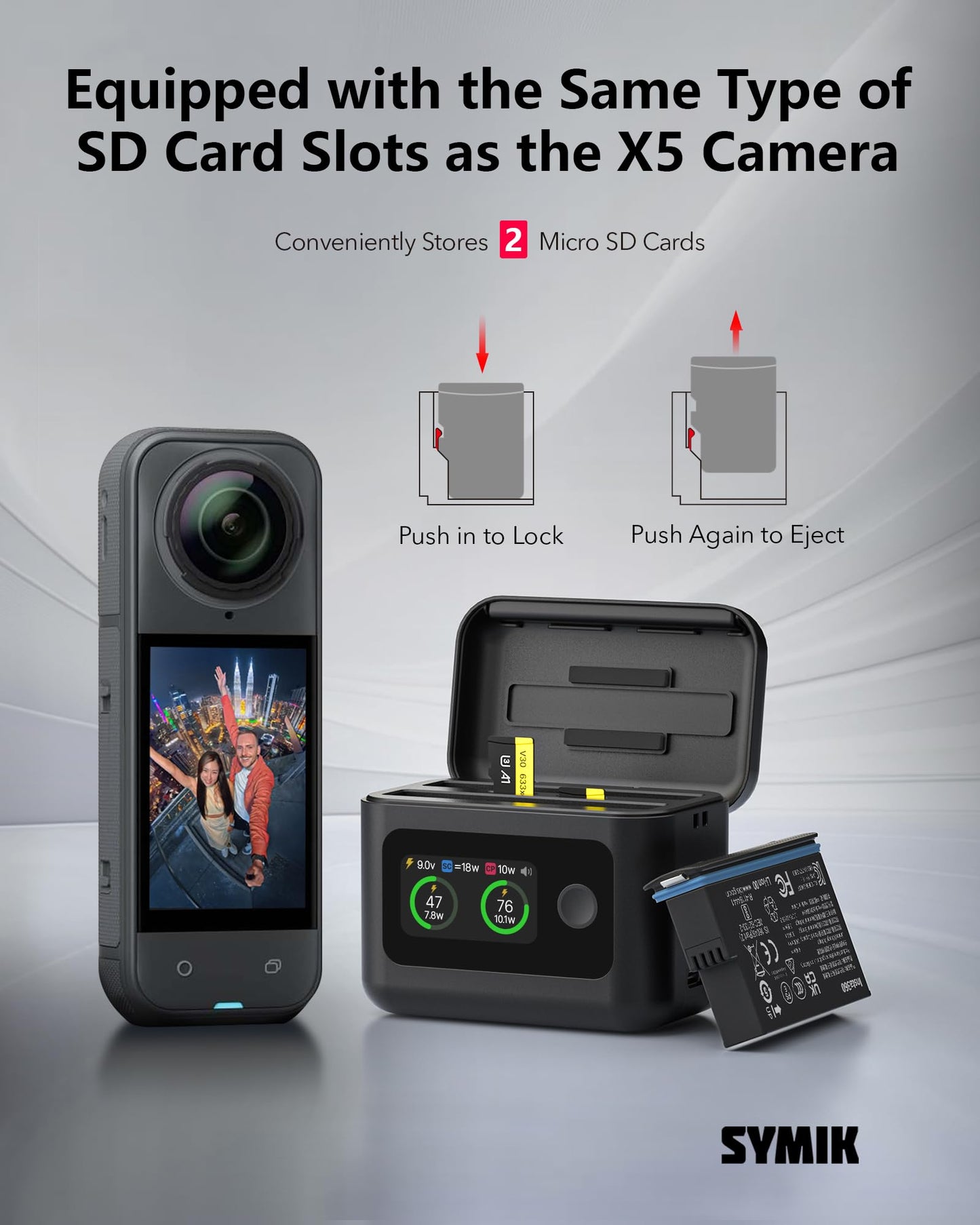 Insta - Baterías de 360 x 5 (2 paquetes) con concentrador de carga rápida de 27 W, doble funda de carga rápida con visualización LCD, hub inteligente de cargador bidireccional para Insta360 X5