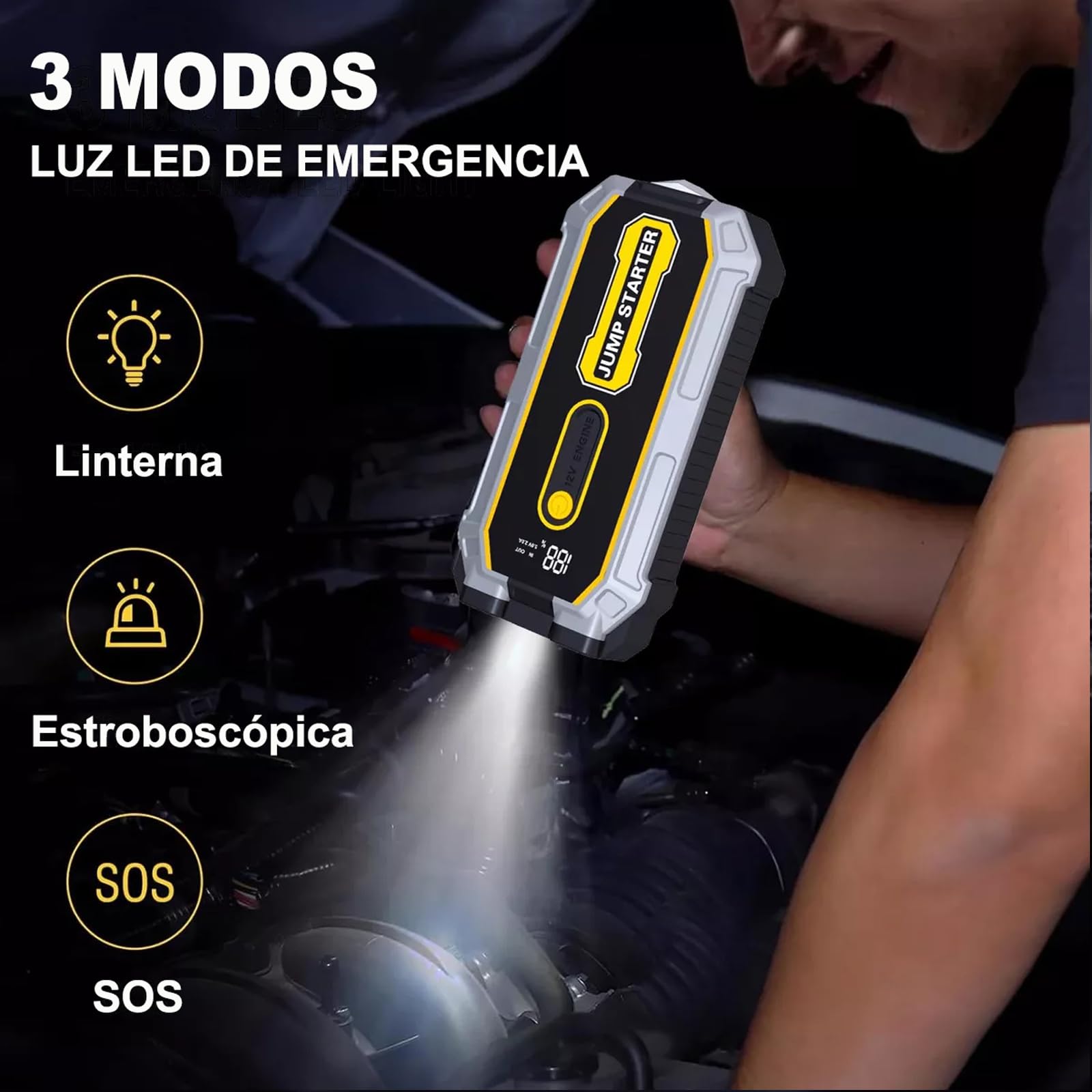 Arrancador de Batería de Coche de 3000A, Arrancador de Baterias LCD Portátil, Arrancador de Baterias de Auto con Pantalla Digital Carga Rápida USB y Linterna, para Vehículos de Gasolina/Diésel de 12V