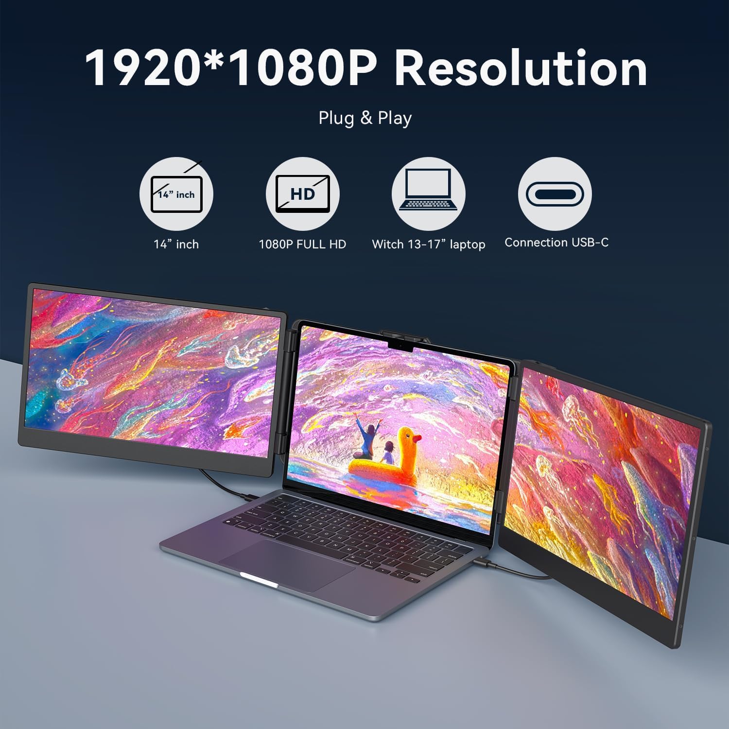 Monitor Portátil Triple APILDELLA Negro para Laptop FHD 1080P USB C HDMI