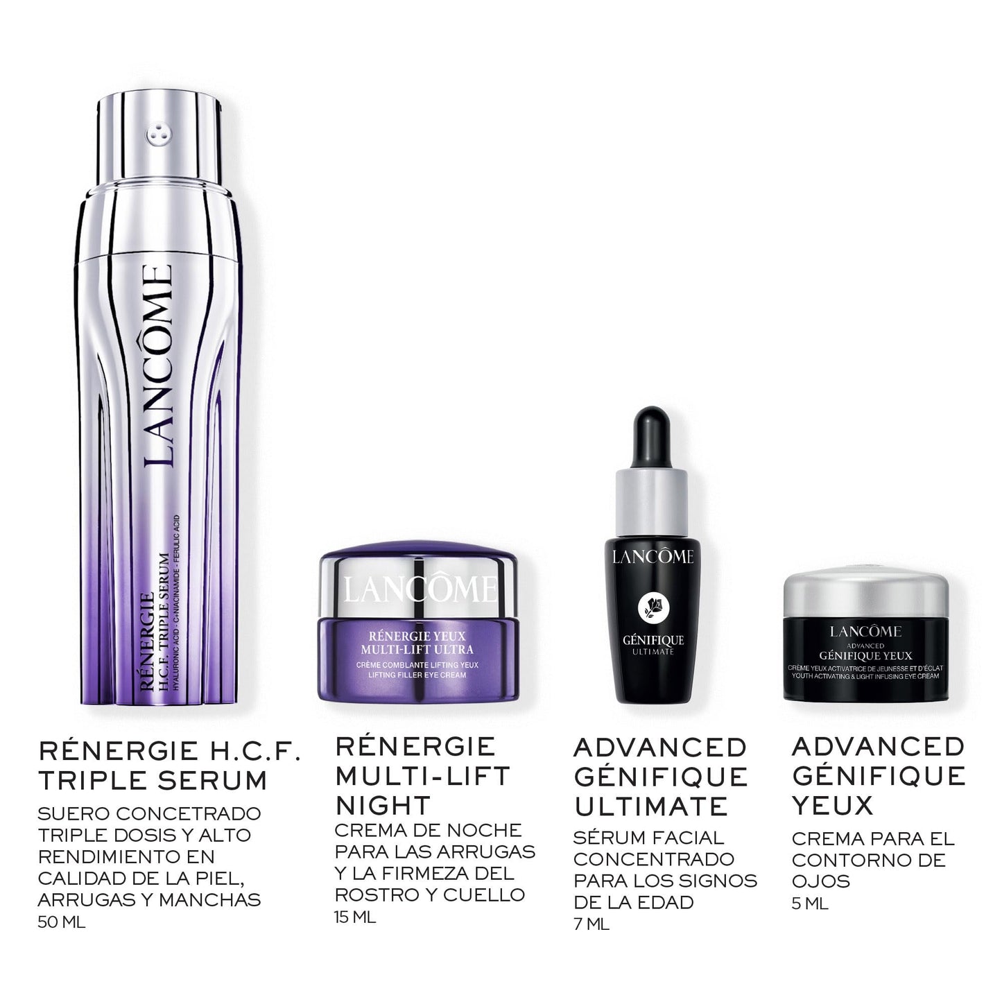 Lancôme, Rénergie Triple Serum, Set de Regalo, Suero Rénergie H.C.F Triple Serum 50 ml + Suero Génifique Ultimate Serum Facial 7 ml + Crema Advanced Génifique Yeux 5 ml + Crema de Noche Rénergie Multi – Lift Night Cream 15 ml, 4 Piezas