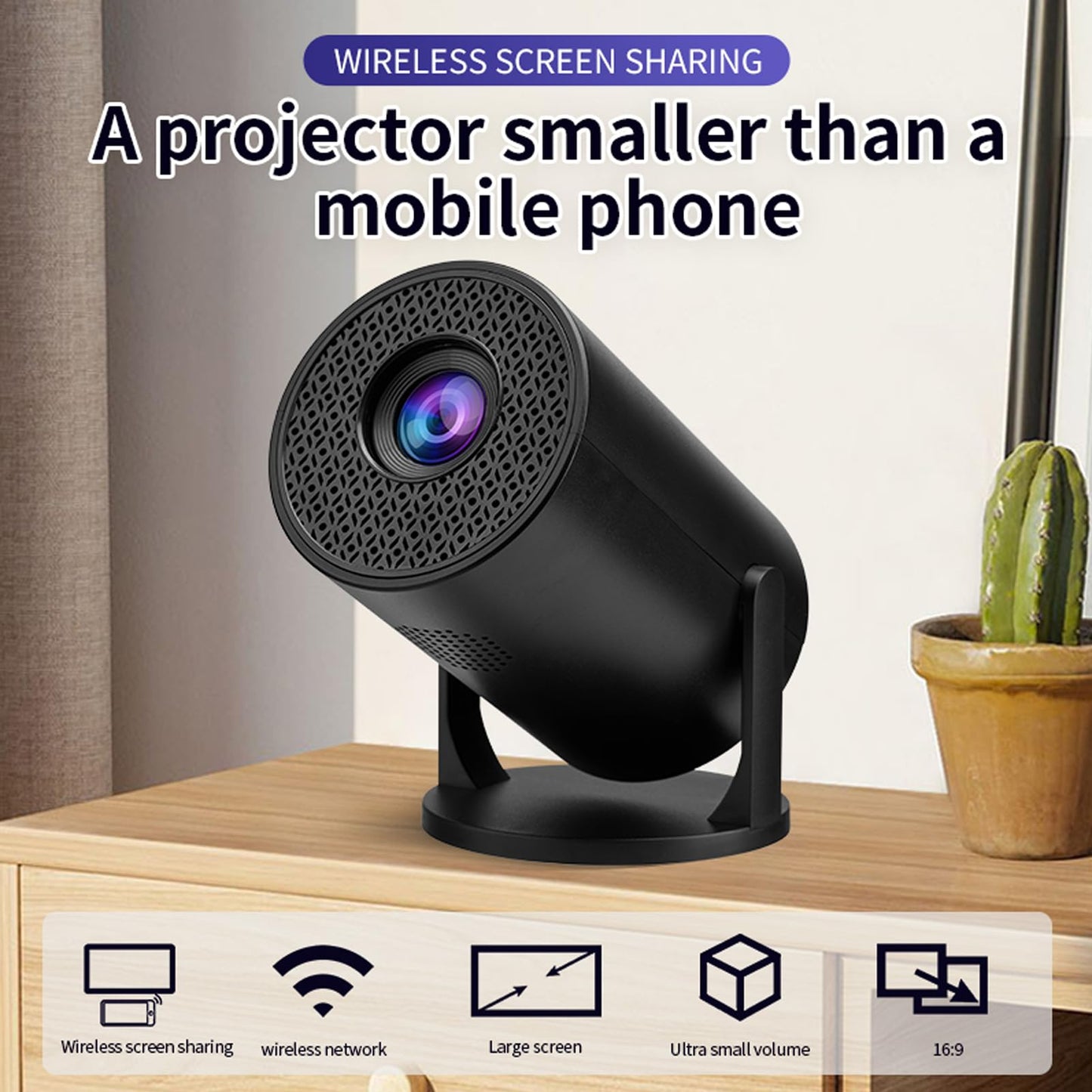 Proyector Portátil Inalámbrico 1080P Negro Ajustable con WiFi y Bluetooth para Teléfono Android y Laptop